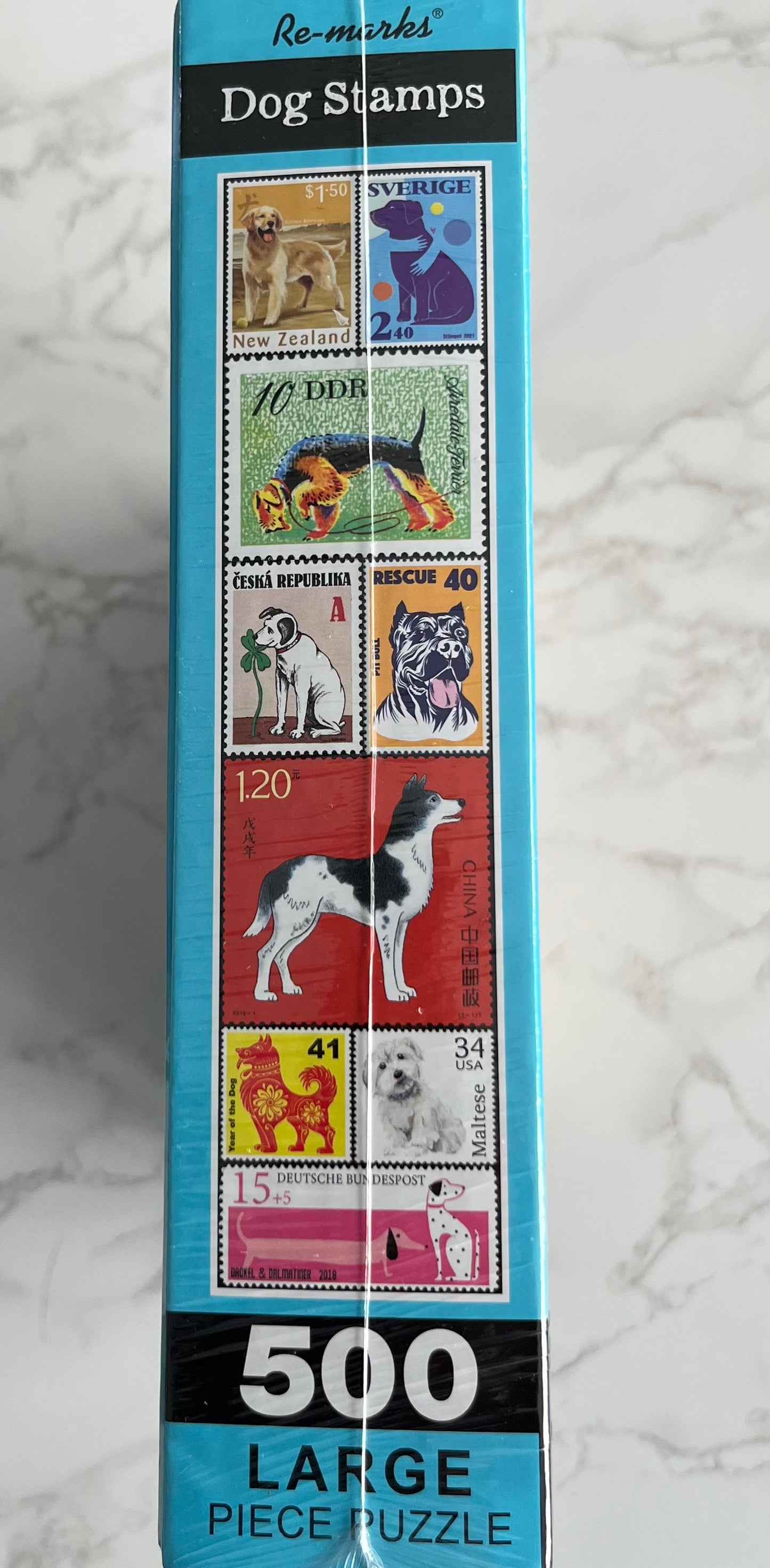 Sealed 2010s Re-marks “Dog Stamps” 500 Large Piece Puzzle — USA Made Postal Ephemera Dog Breed Collage Puzzle