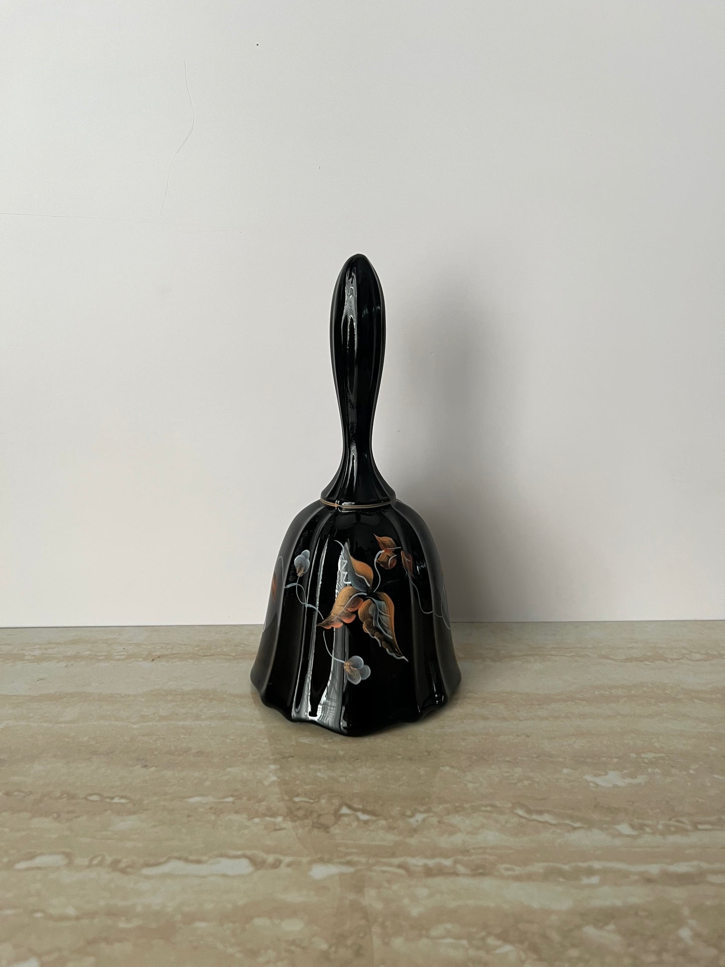 Vintage 1994 Fenton Aurora Black Hand-Painted Autumn Leaves Glass Dinner Bell – Signed by Artist D. Gesel