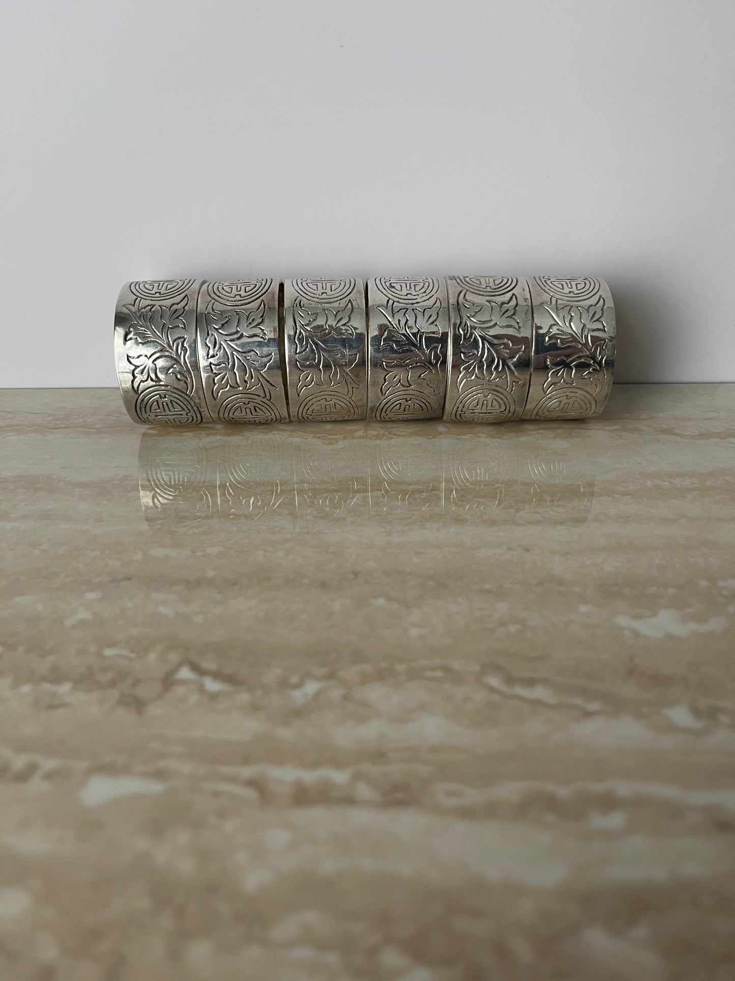 Vintage 1980s Silver-Tone Longevity Symbol Napkin Ring Cuffs – Set of 6 Hollywood Regency Revival Table Accents