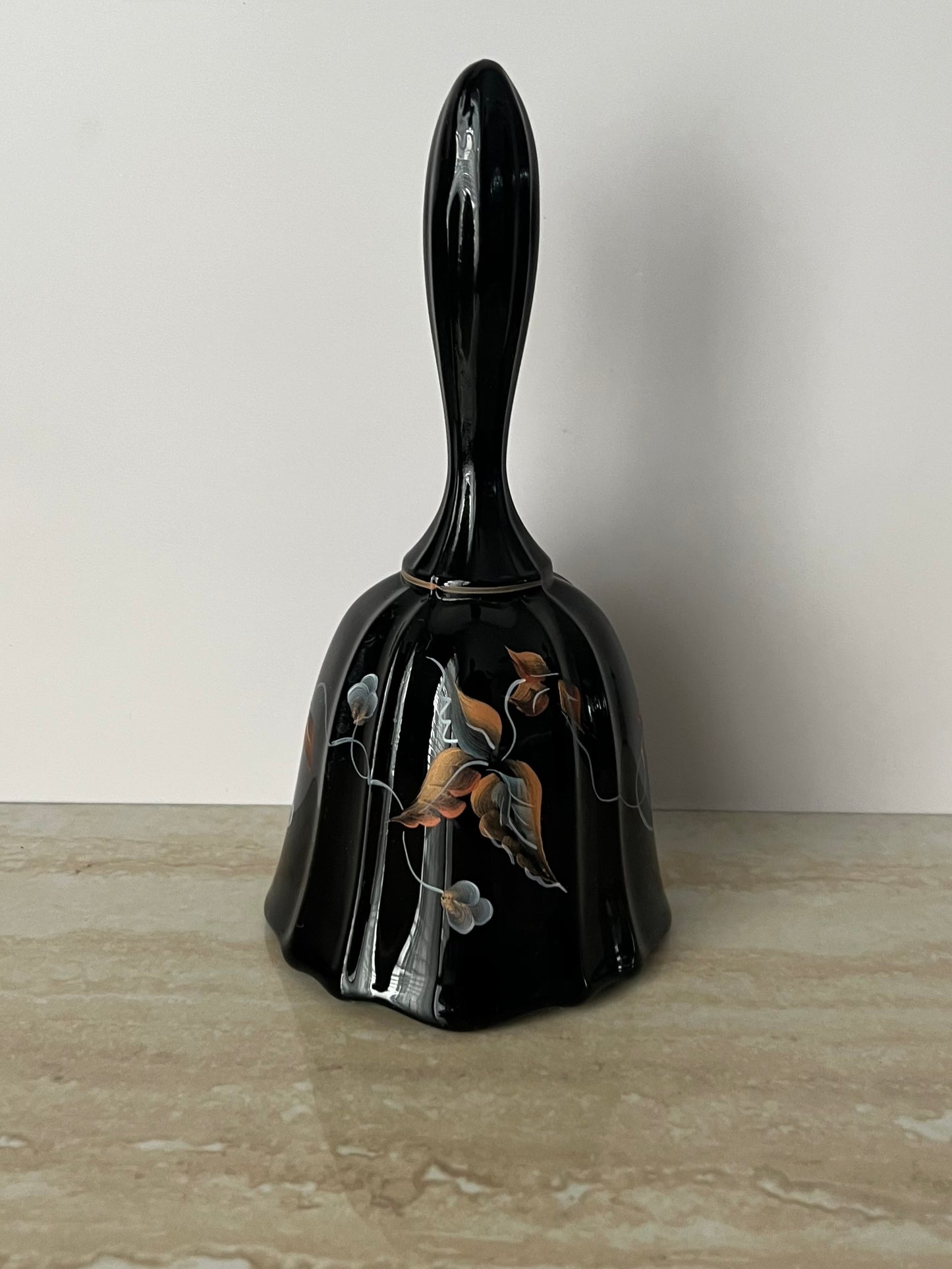 Vintage 1994 Fenton Aurora Black Hand-Painted Autumn Leaves Glass Dinner Bell – Signed by Artist D. Gesel