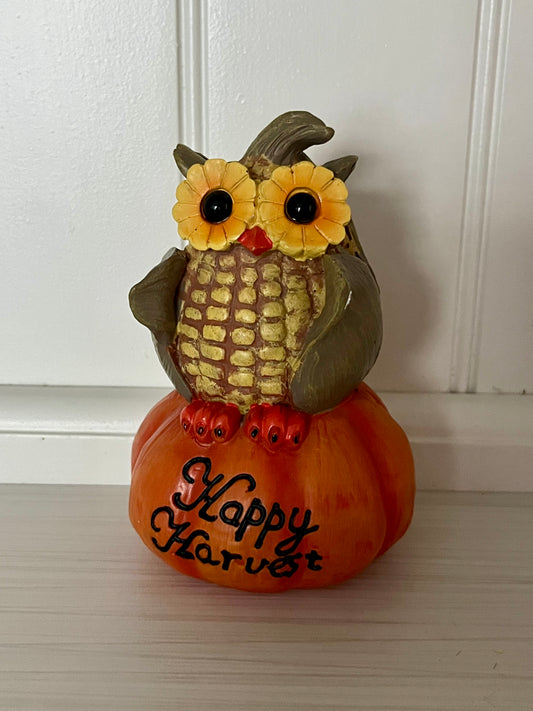 “Happy Harvest” Owl Figurine on Pumpkin – Autumn Corn & Sunflower Design (c. 1990s–2000s)