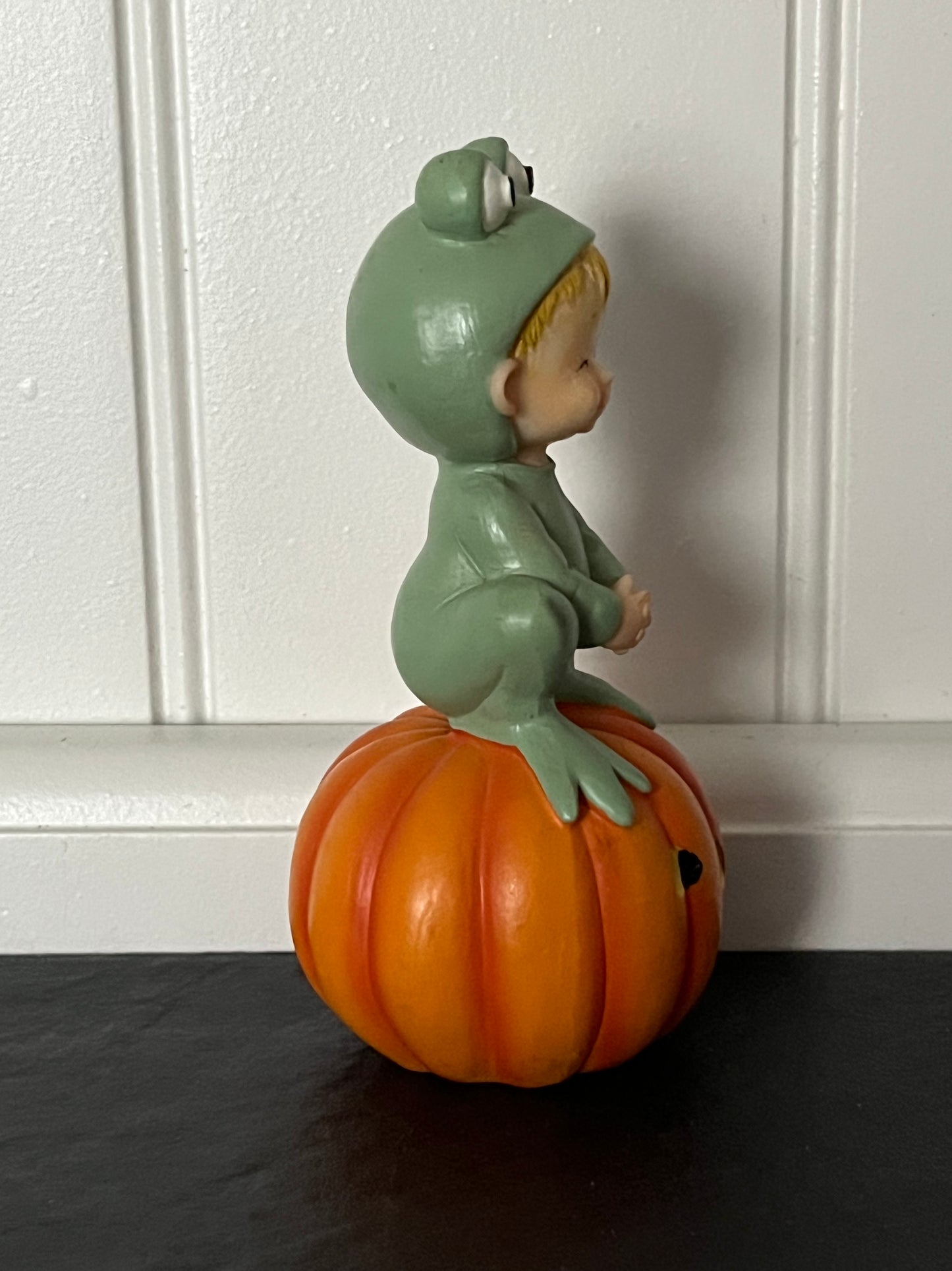 Vintage 1980’s Small Morehead Frog Costume Child on Jack-O’-Lantern Figurine,  Teenie Halloweenies | Curated Shelf & Trinket Display Décor