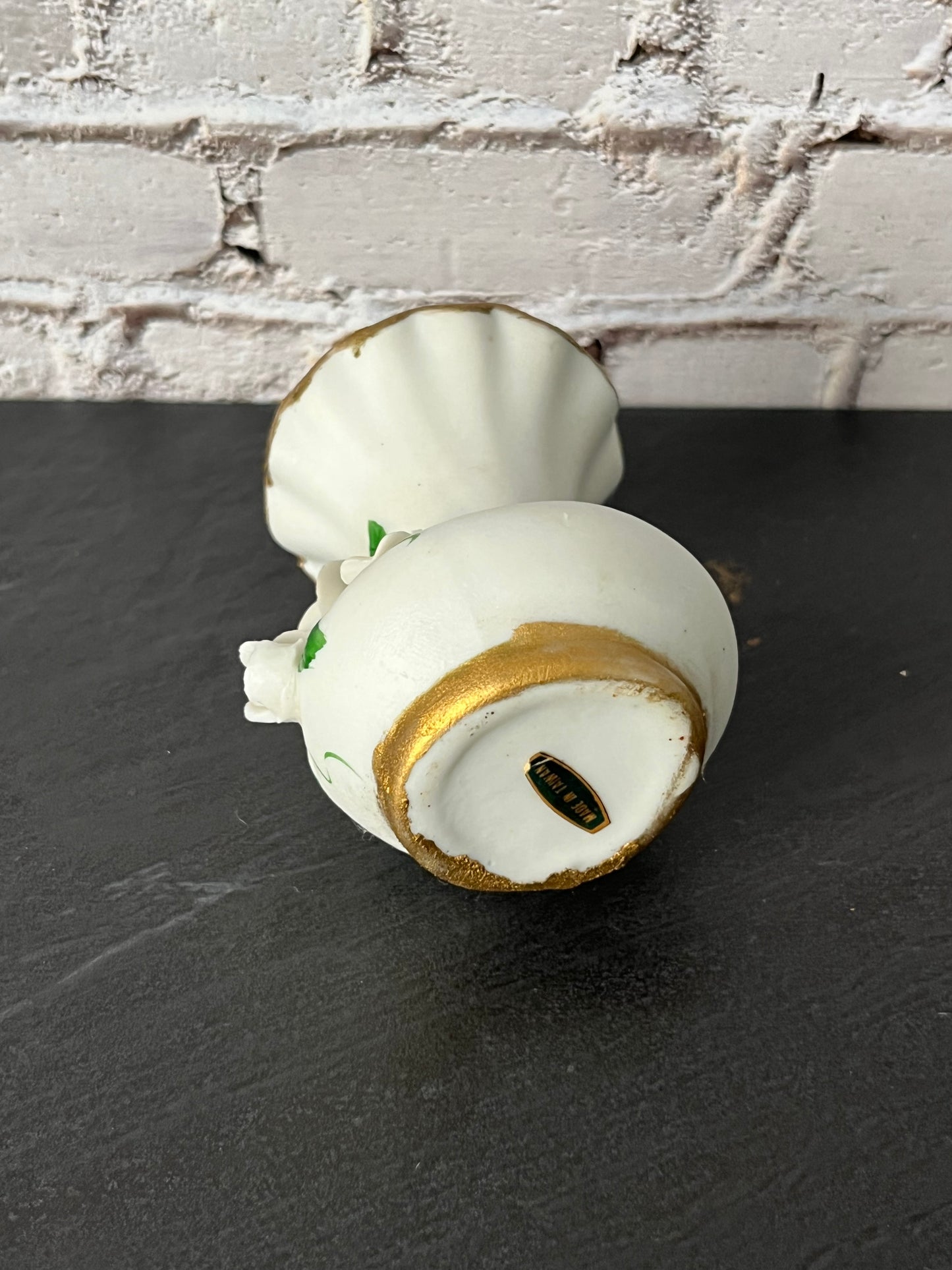 Vintage 1970s Mini Floral Vase White bisque Porcelain Bud Vase with Capodimonte style applied Roses – Made in Taiwan Gold Trim