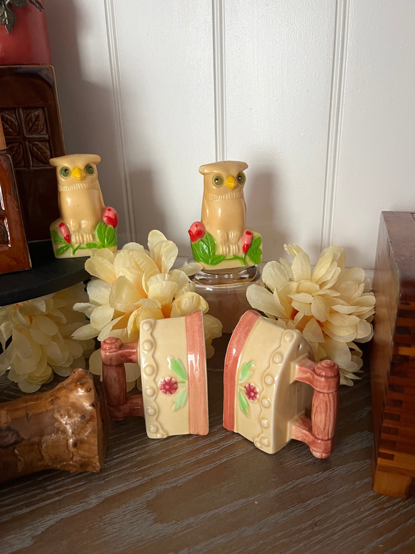 Vintage Ceramic Flat Iron Salt & Pepper Shakers – Hand-Painted Floral Motif (c. 1970s, Japan)