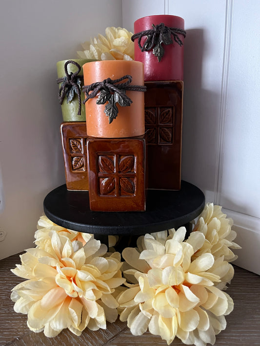 Retro Ceramic Caramel-Brown Cube Candle Holder Trio — Leaf Tile Pattern — 1990s–2000s