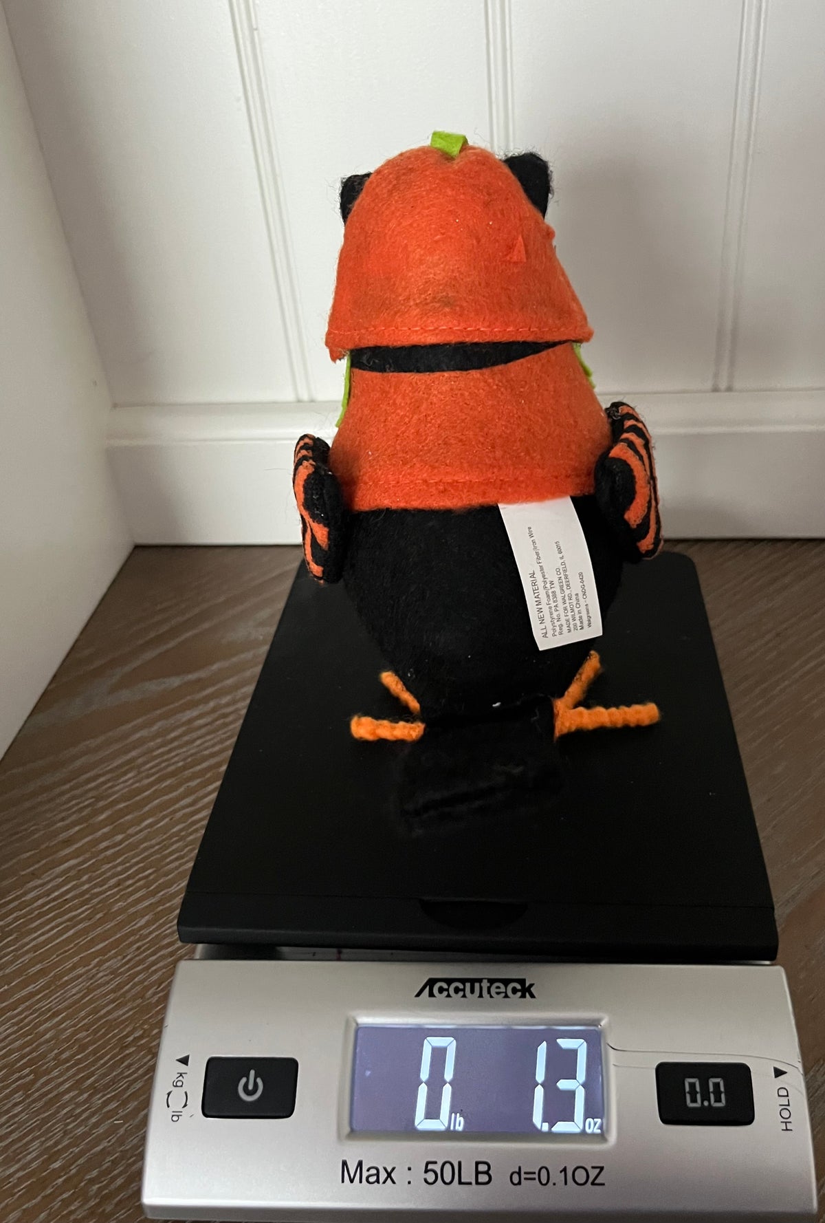 Retro Halloween Black Cat Bird Figurine in Pumpkin Costume | Felt Shelf Décor | 6”