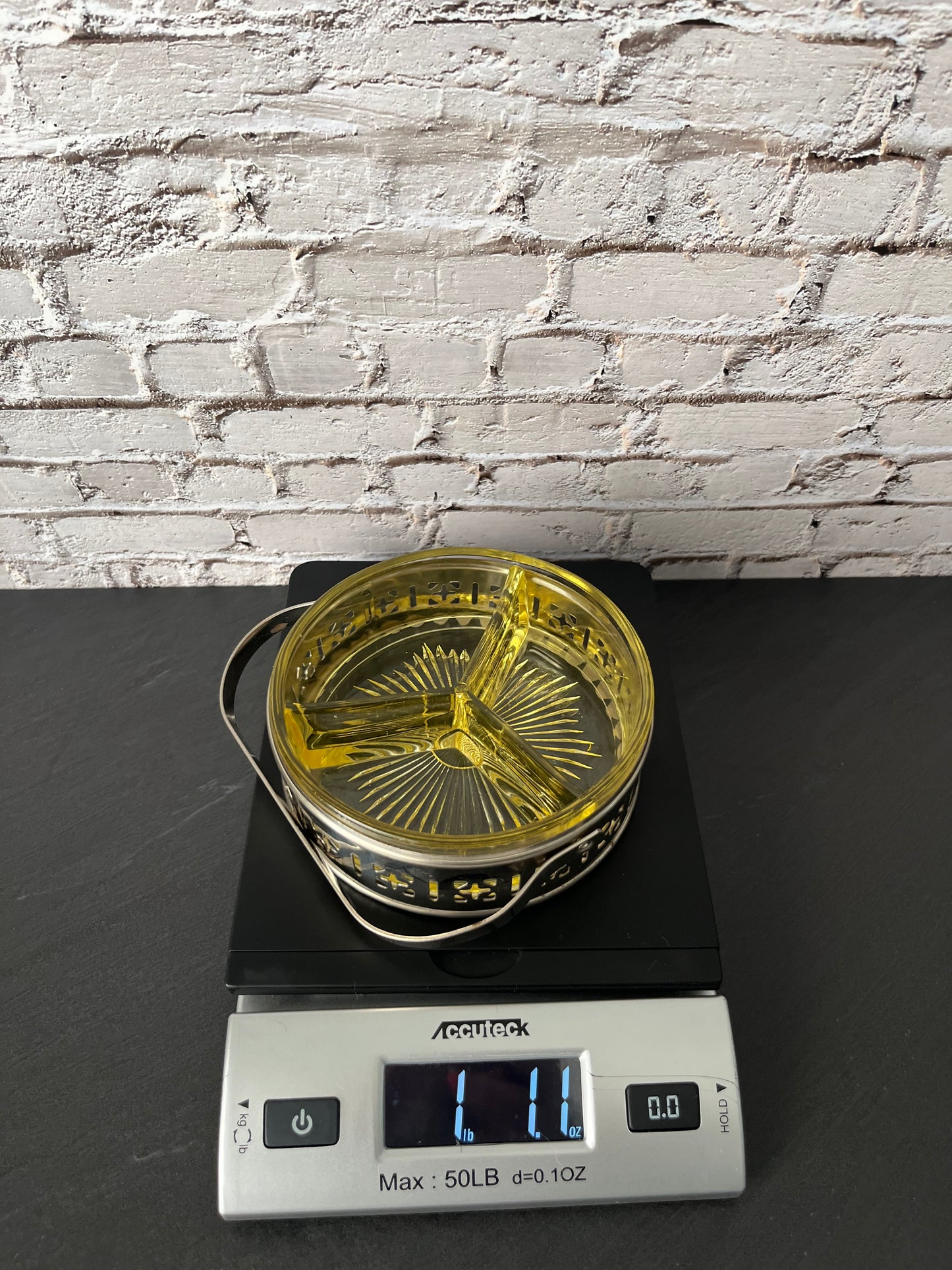 Vintage Yellow Depression Glass Divided Candy Dish with Silver Tone Basket Handle – 3 Section Relish Tray (1950s–1960s)