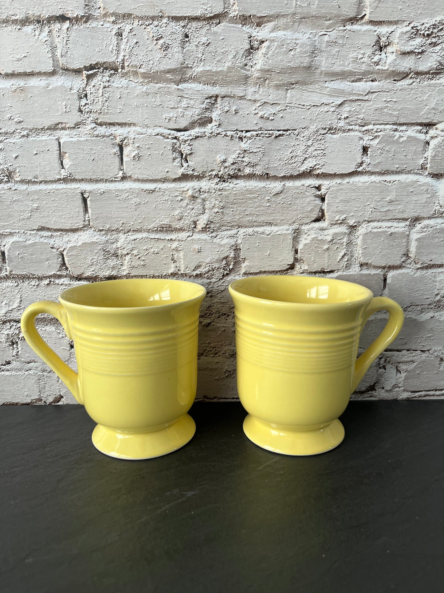 1990s Gibson Everyday Yellow Pedestal Coffee Mugs – Set of 2 Ribbed Footed Stoneware Cups