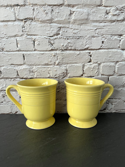 1990s Gibson Everyday Yellow Pedestal Coffee Mugs – Set of 2 Ribbed Footed Stoneware Cups