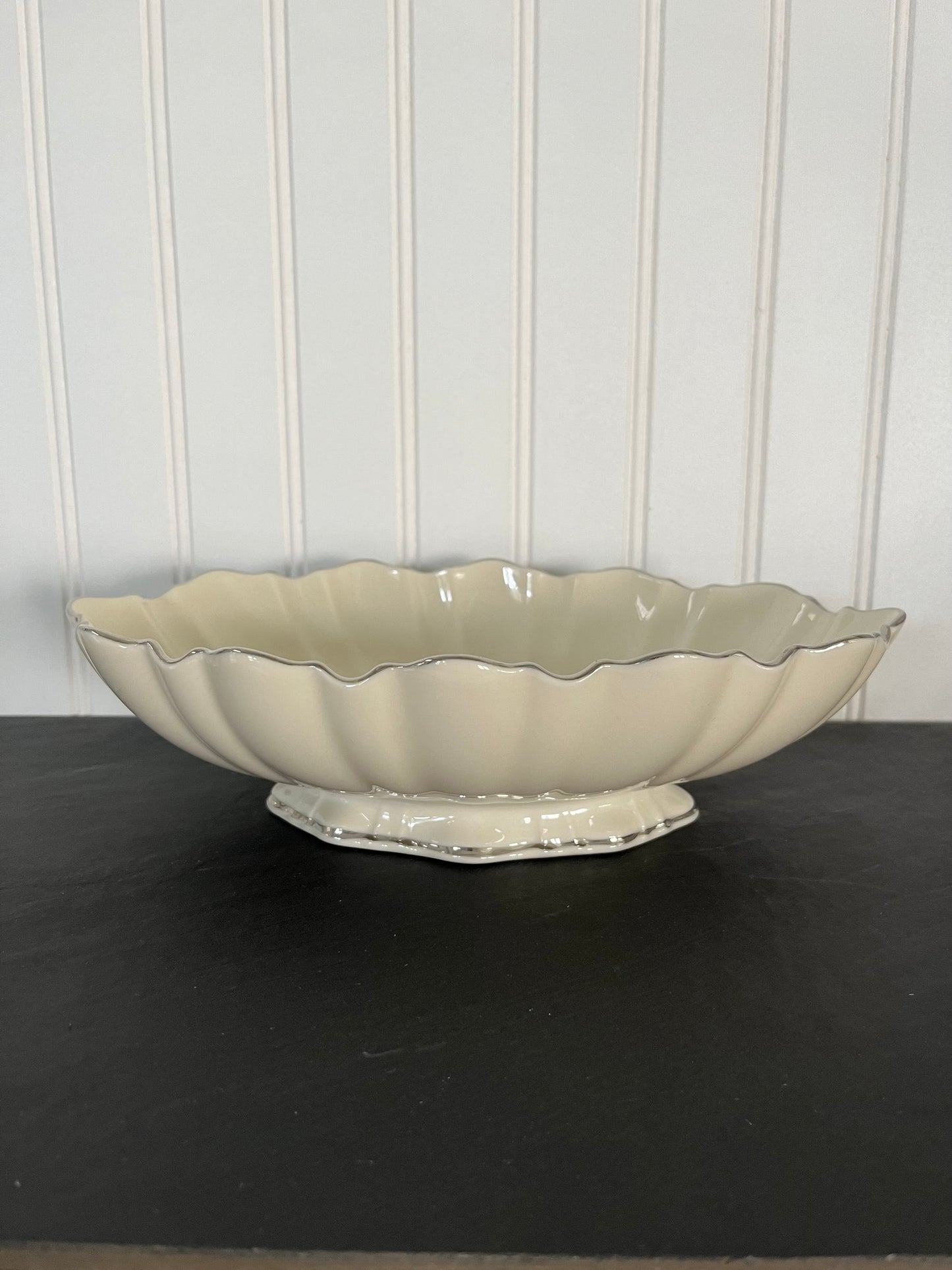 Vintage Lenox Symphony Pattern Cream Centerpiece Serving Bowl - Platinum/Silver Trim - 11" Width -