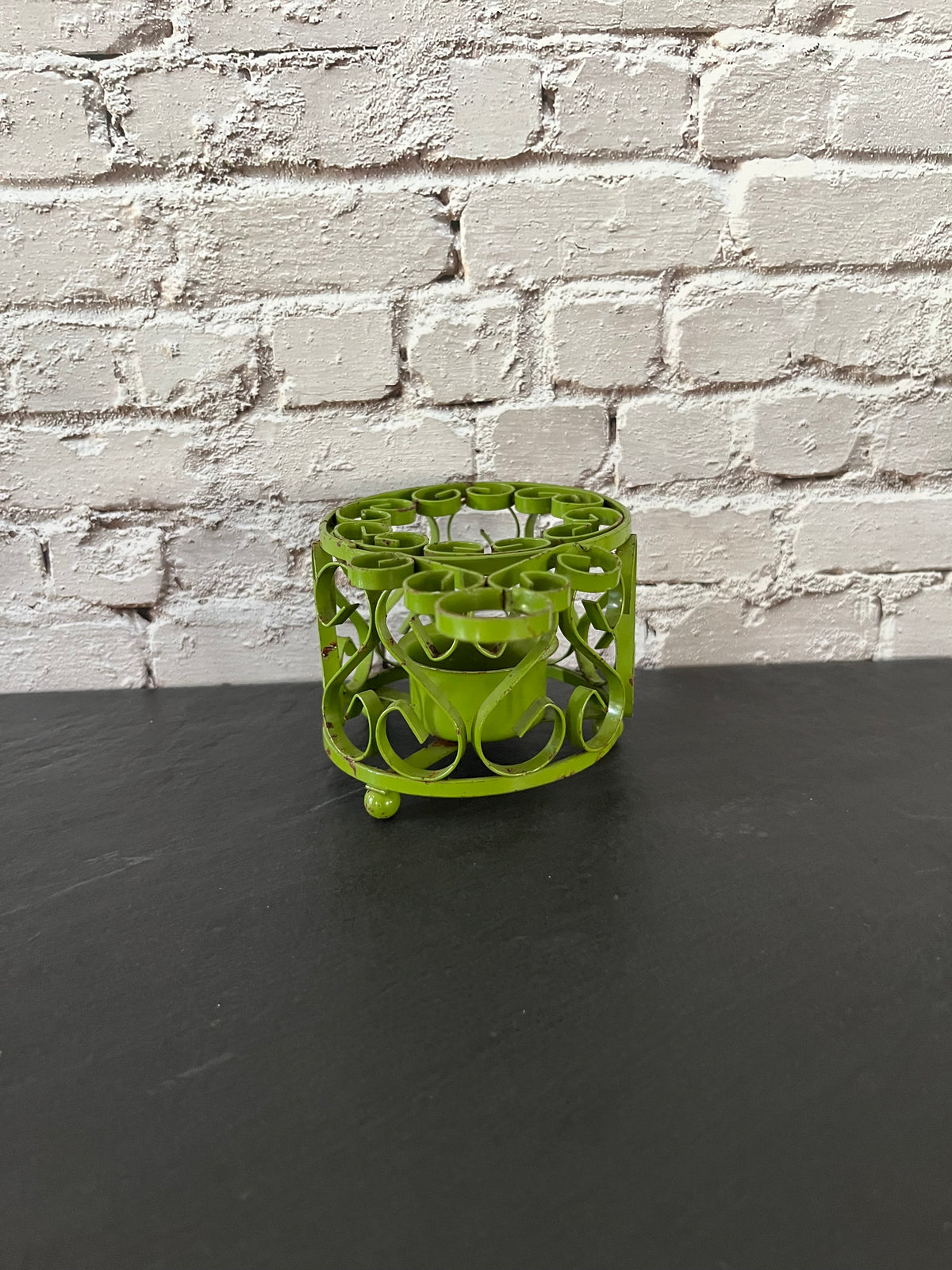 Vintage c1970s Green Metal Scrollwork Votive Candle Holder | Clover Cottage Collection