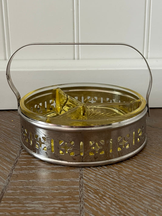 Vintage Yellow Depression Glass Divided Candy Dish with Silver Tone Basket Handle – 3 Section Relish Tray (1950s–1960s)
