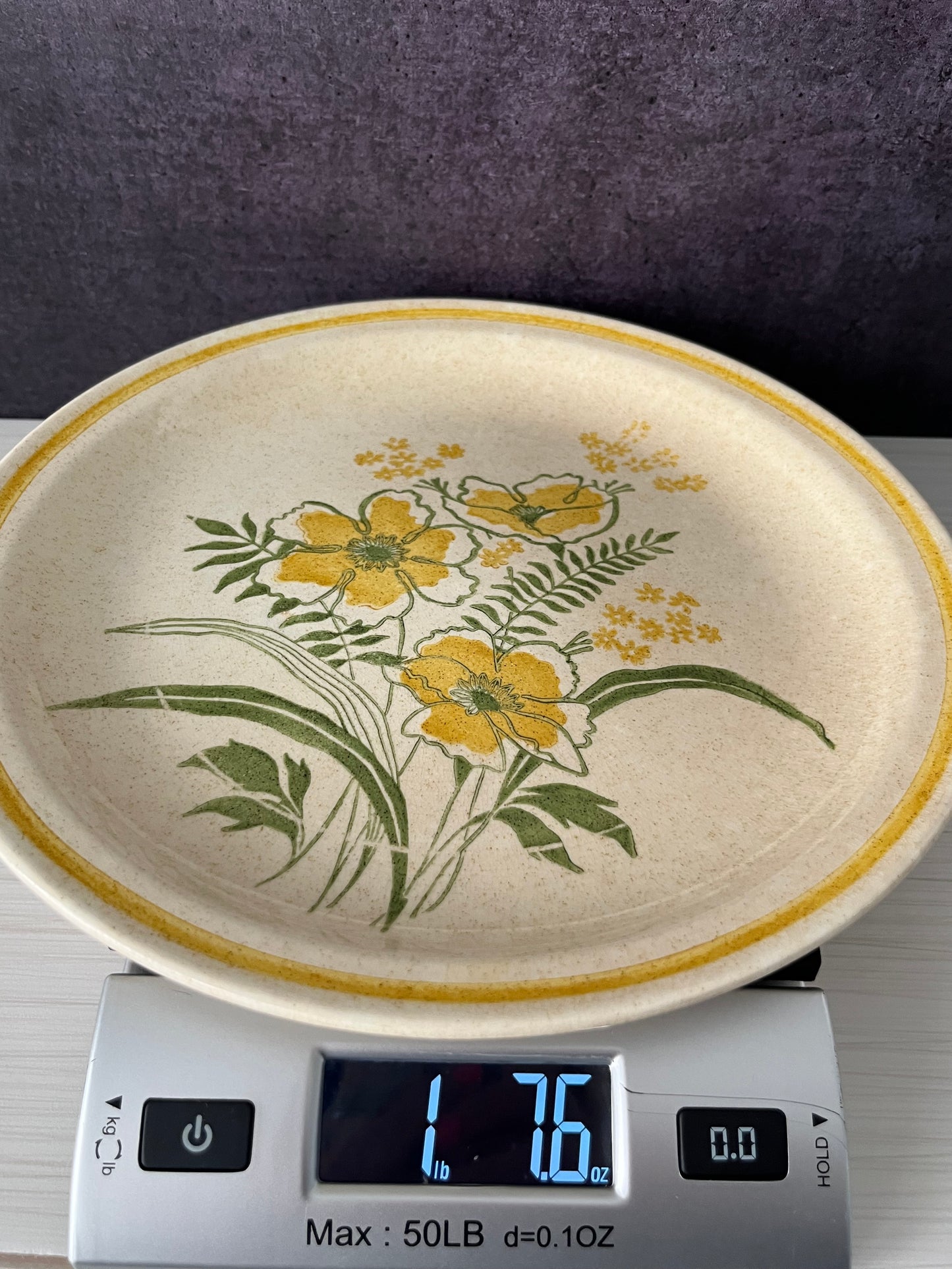 Vintage 1970’s  Roycroft Stoneware Yellow Wildflower asymmetrical floating floral transfer design  Dinner Plate | Made in USA