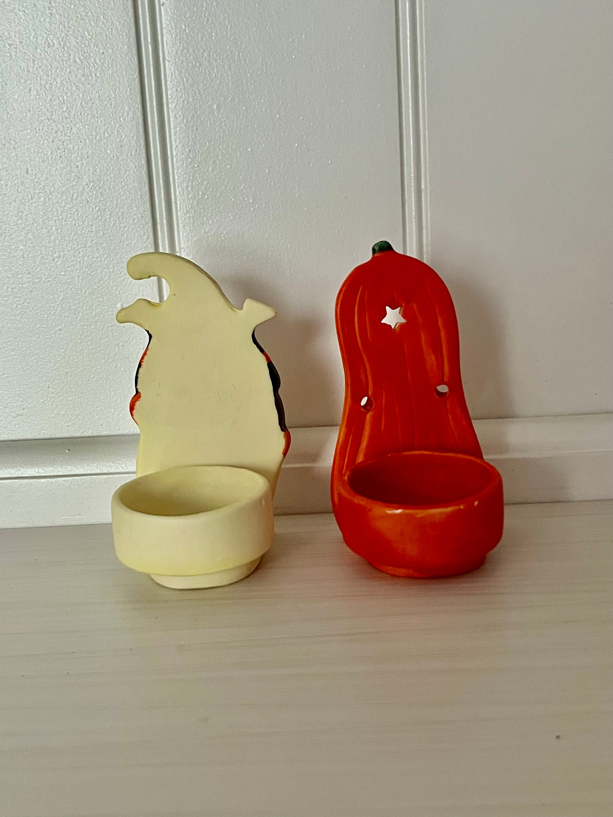 Vintage Trick or Treat! Halloween Ghost & Pumpkin Tealight Candle Holder Pair