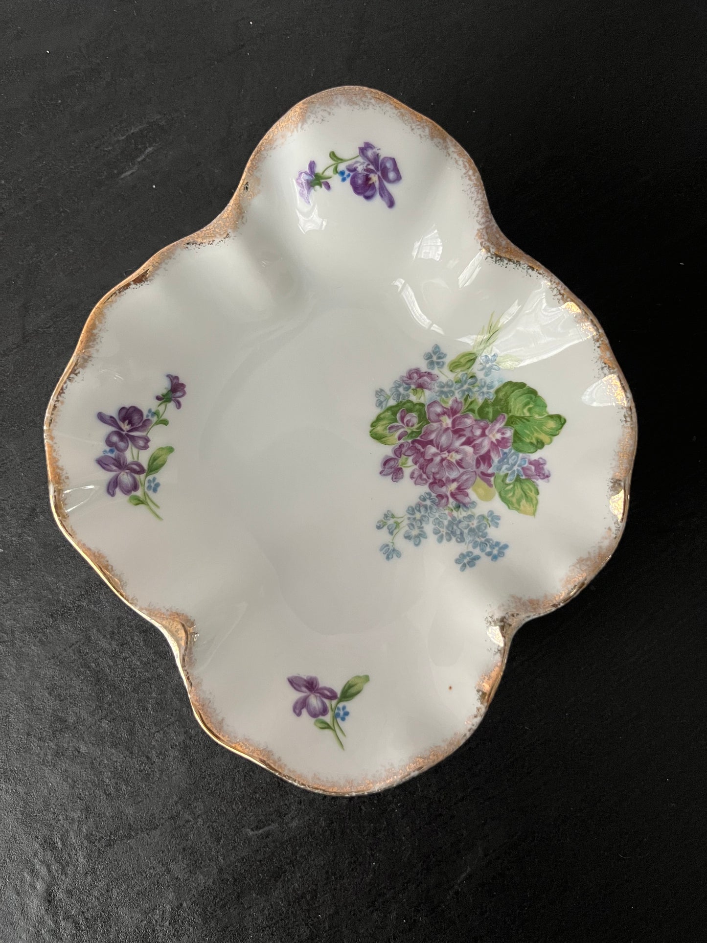 1950s Lefton China Spring Bouquet 4591 Hand Painted Bonbon Dish – Vintage Floral Porcelain Candy Dish – Violets & Forget-Me-Nots