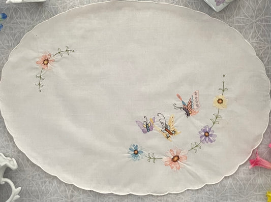 Vintage Hand Embroidered Doily with Butterflies & Flowers -