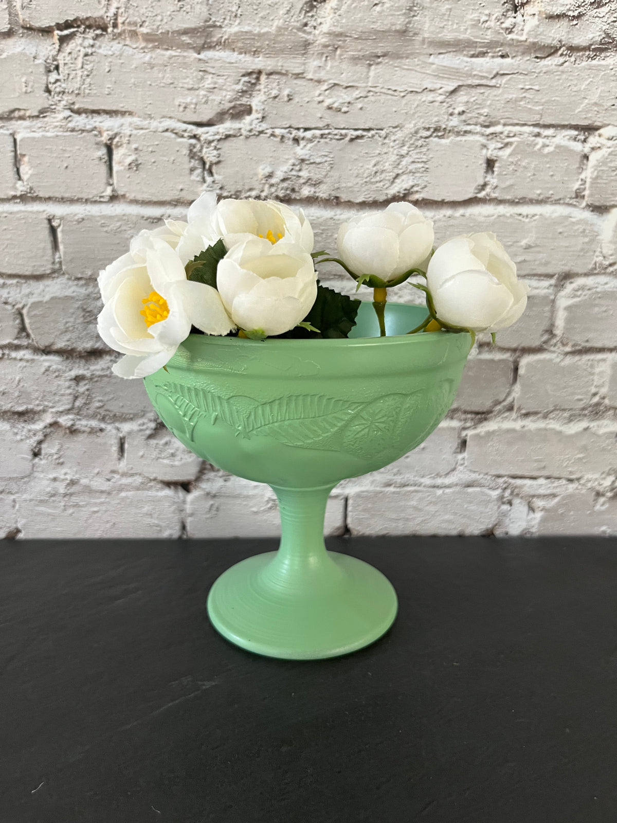 Vintage Painted Celadon Green Glass Cristal D’Arques–Durand Footed Compote | Embossed Fruit & Leaf Pedestal Bowl