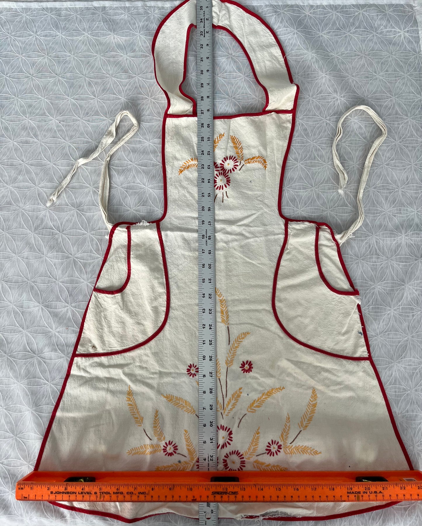 Vintage C 1950’s Hand-Embroidered Farmhouse Kitchen Apron with Red Trim & Wheat Floral Motif | Mid-Century Cottage Cooking Apron