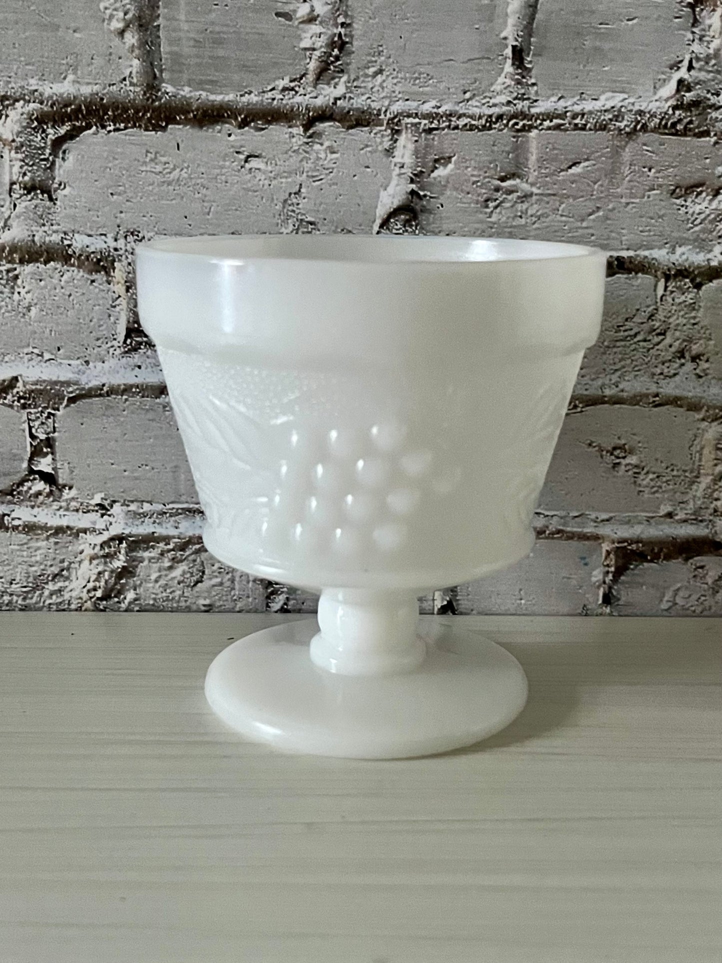 Vintage Anchor Hocking Milk Glass “Grapes & Leaves” Sherbet / Dessert Cup — Footed Pedestal (c. 1960s–1970s) Small Compote