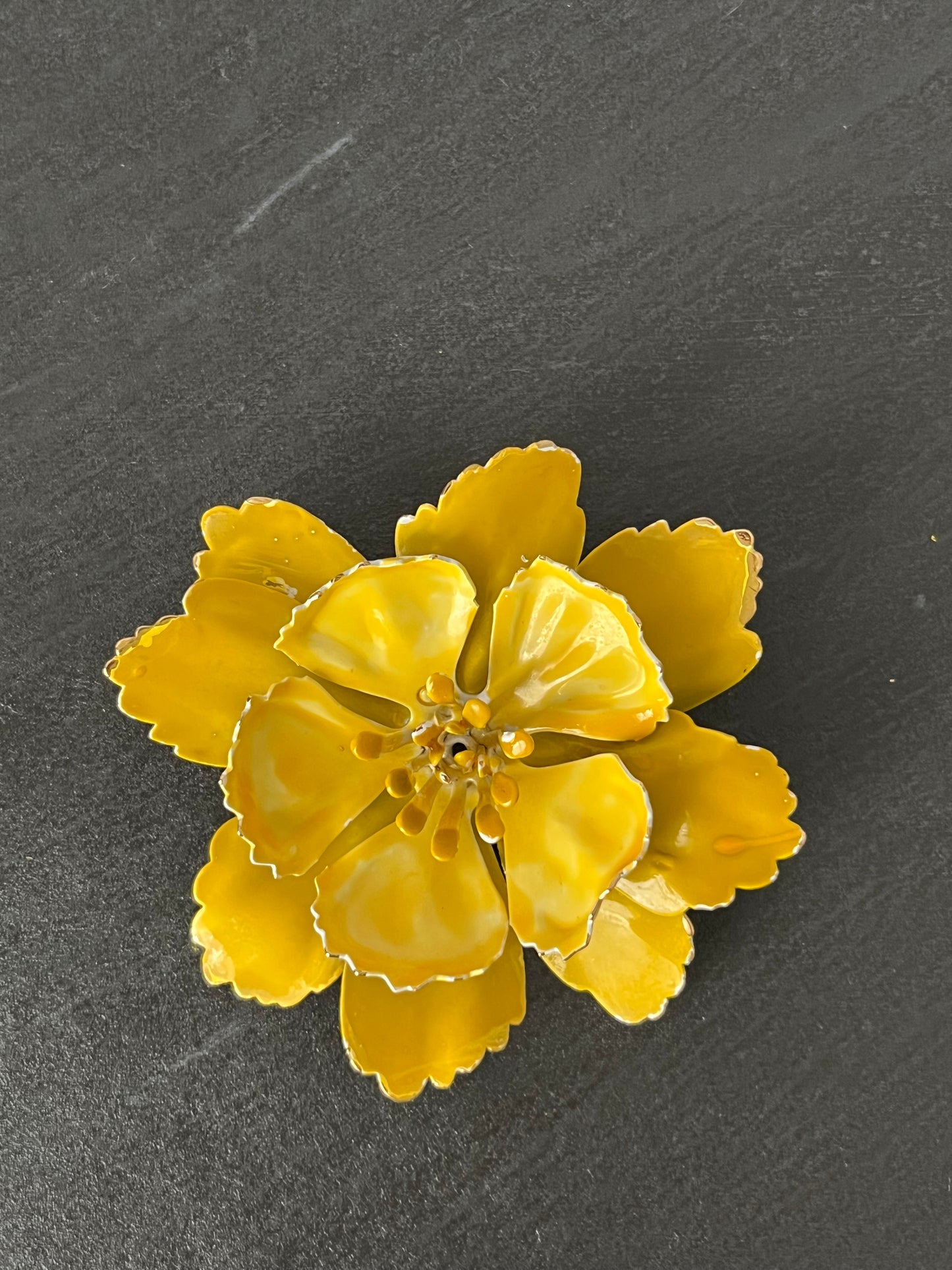 Vintage 1960’s Yellow Enamel Flower Brooch – Layered Petal Floral Pin, Mid-Century Statement Jewelry