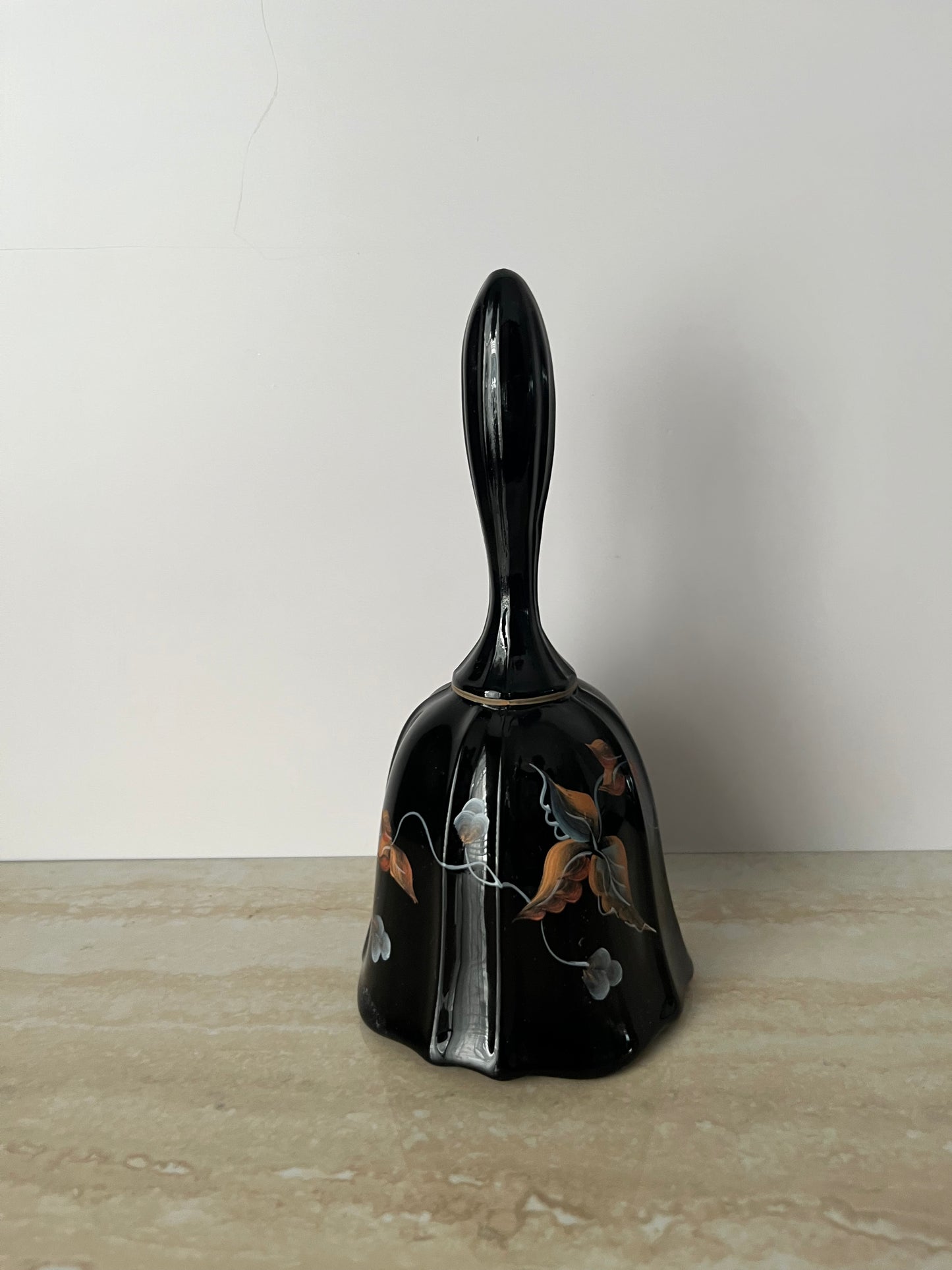 Vintage 1994 Fenton Aurora Black Hand-Painted Autumn Leaves Glass Dinner Bell – Signed by Artist D. Gesel