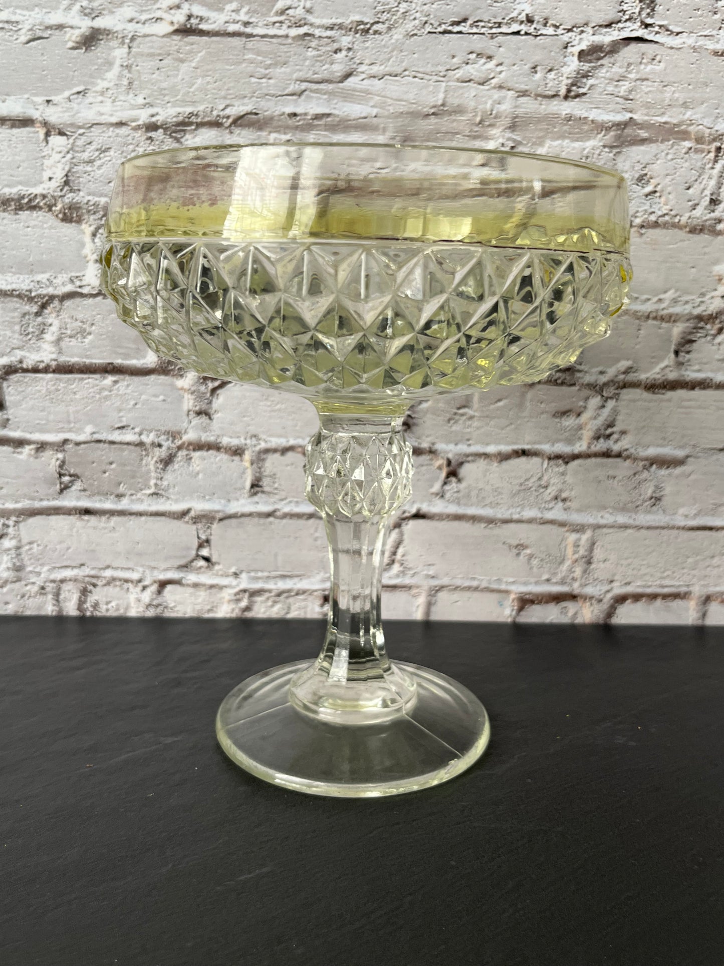 Vintage Indiana Glass Diamond Pattern Pedestal Compote Bowl – Yellow Tint Pressed Glass Dessert Dish (1960s–1970s)