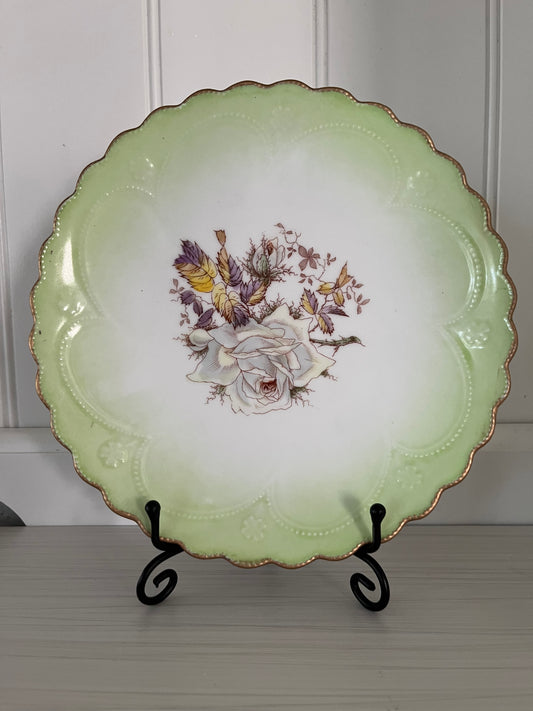 Vintage Mid-Century French-Limoges inspired / Green Scalloped Rose Plates (Set of 2) | Regency Revival Floral Décor | 1950s–1960s