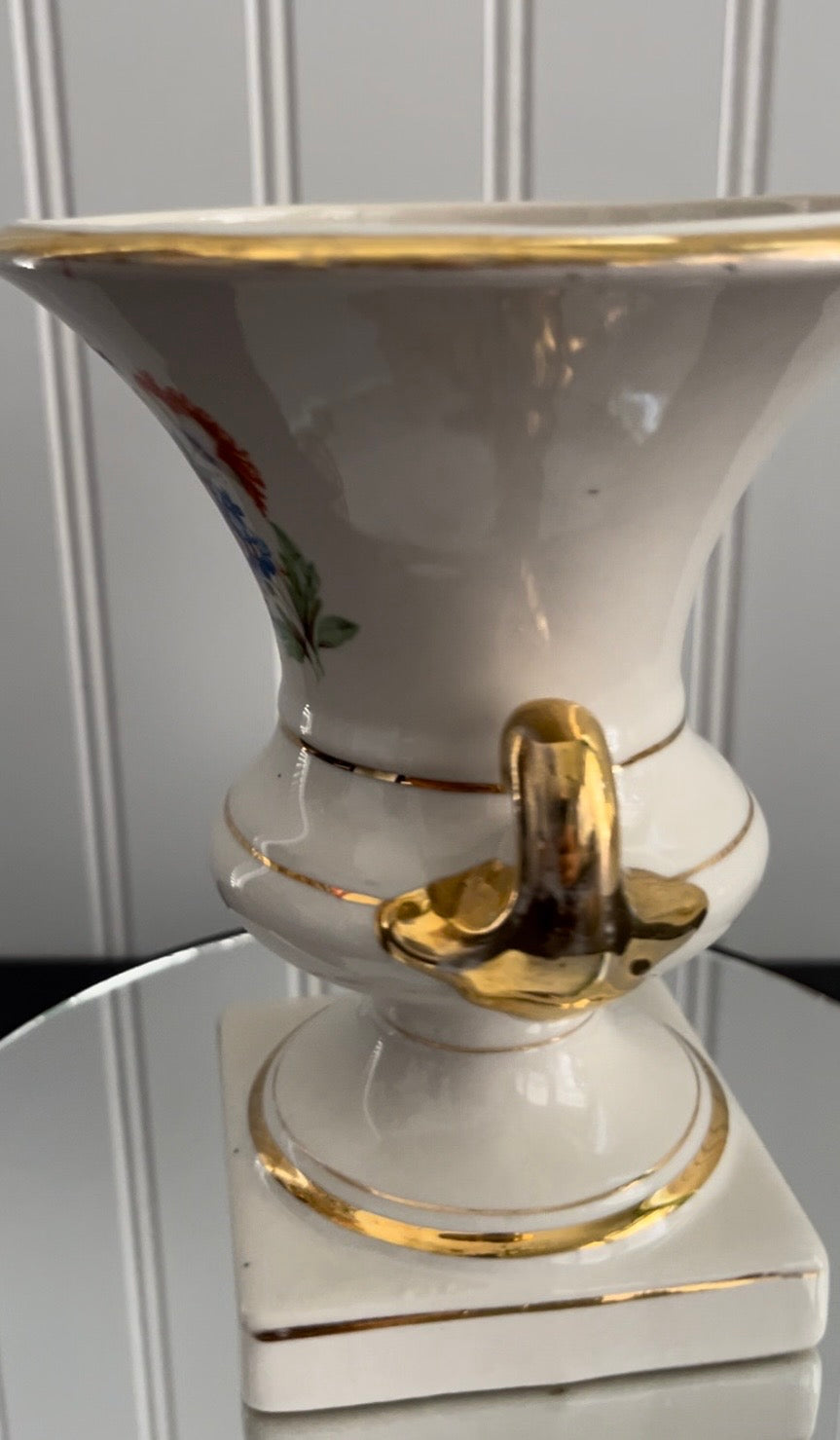 Vintage European Trophy Vase – Campana Floral Design with Gold Trim – Porcelain Urn Style with Footed Pedestal