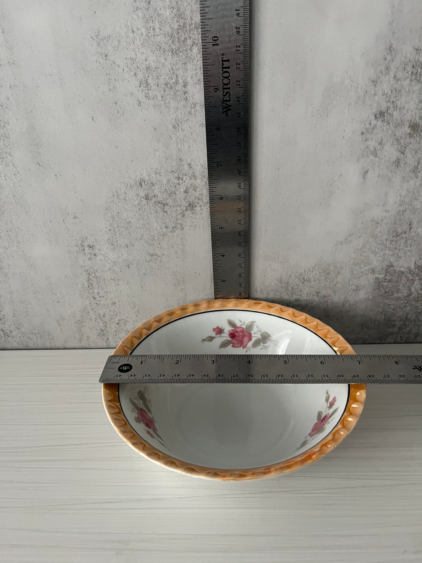 Vintage 1950s Japanese Porcelain Dessert Bowls with Pink Rose Sprays & Amber Scalloped Rim – Set of 2 Floral Cottage China Bowls