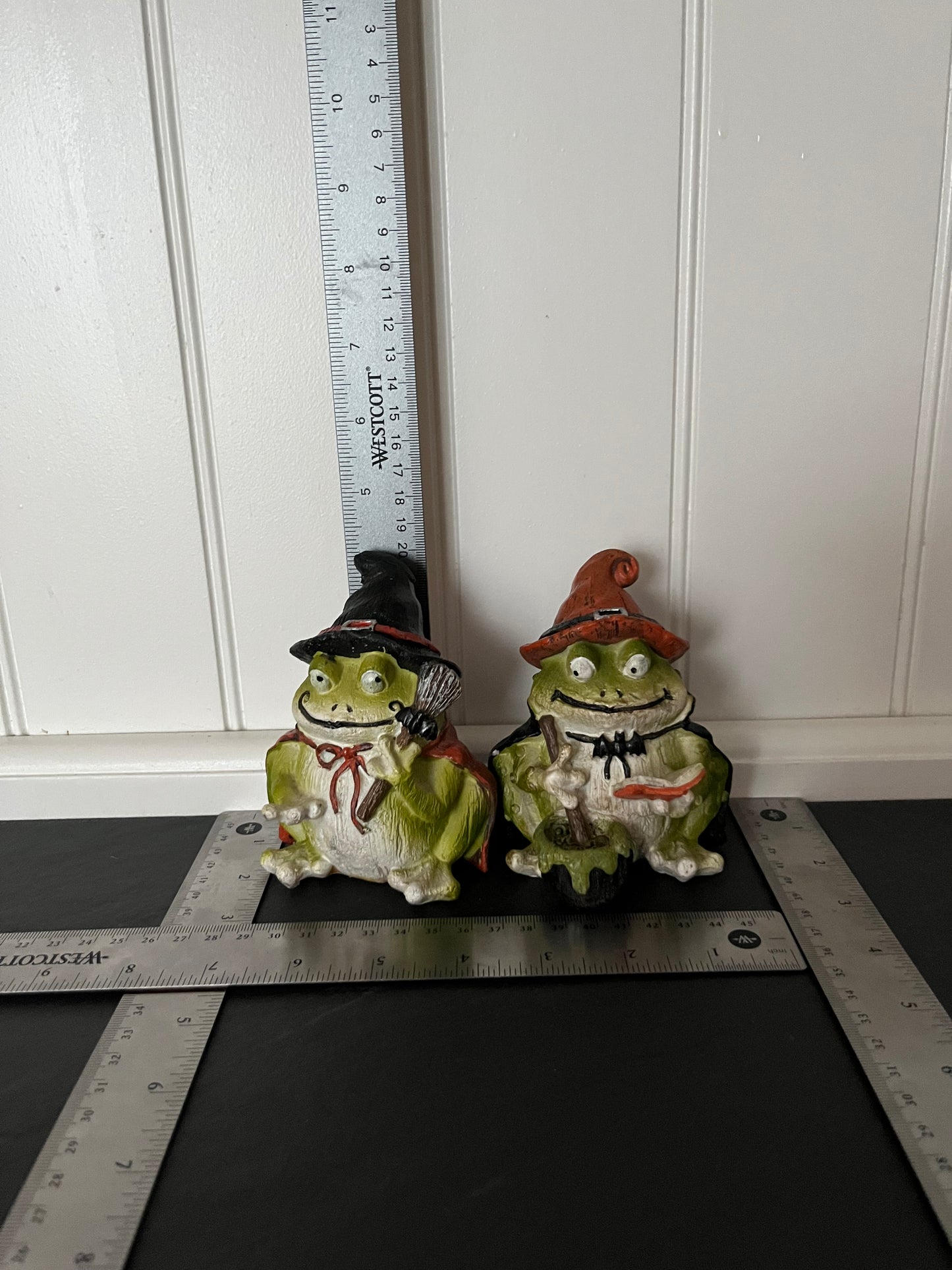 Retro circa 2010 Small Ashland Halloween Frog Witch Figurines Pair | Witch & Wizard Toads with Cauldron & Broom, Curated Shelf & Trinket Display Décor