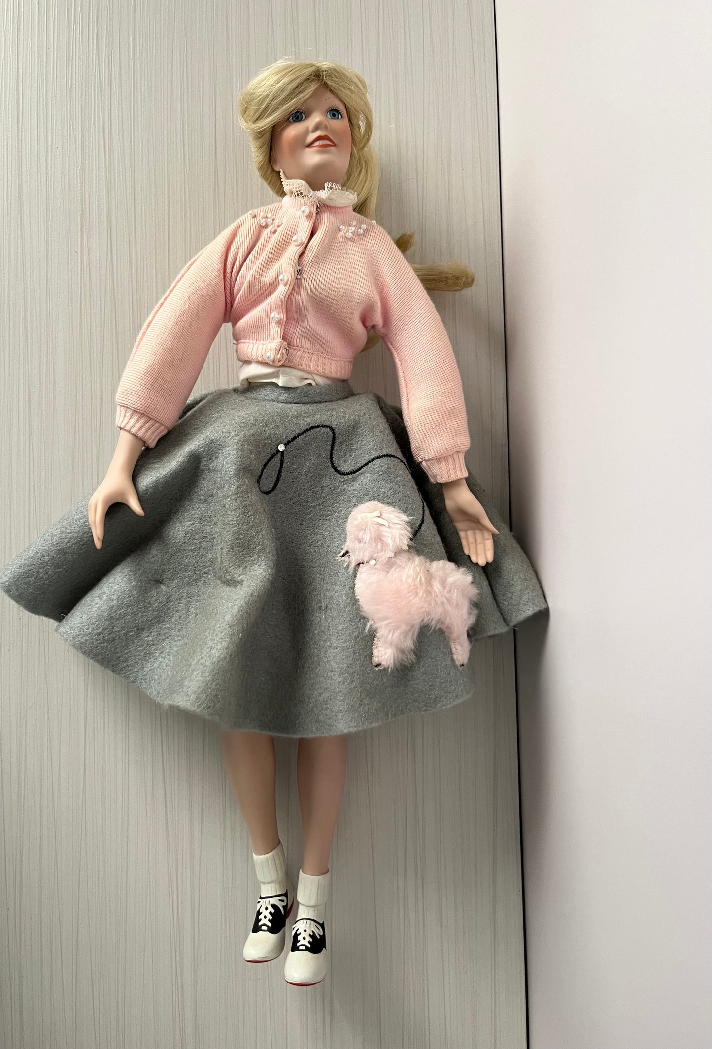 Vintage 1991 “Peggy Sue” Porcelain Collector Doll by Edwin M. Knowles – 16” Tall with Poodle Skirt & Pink Cardigan