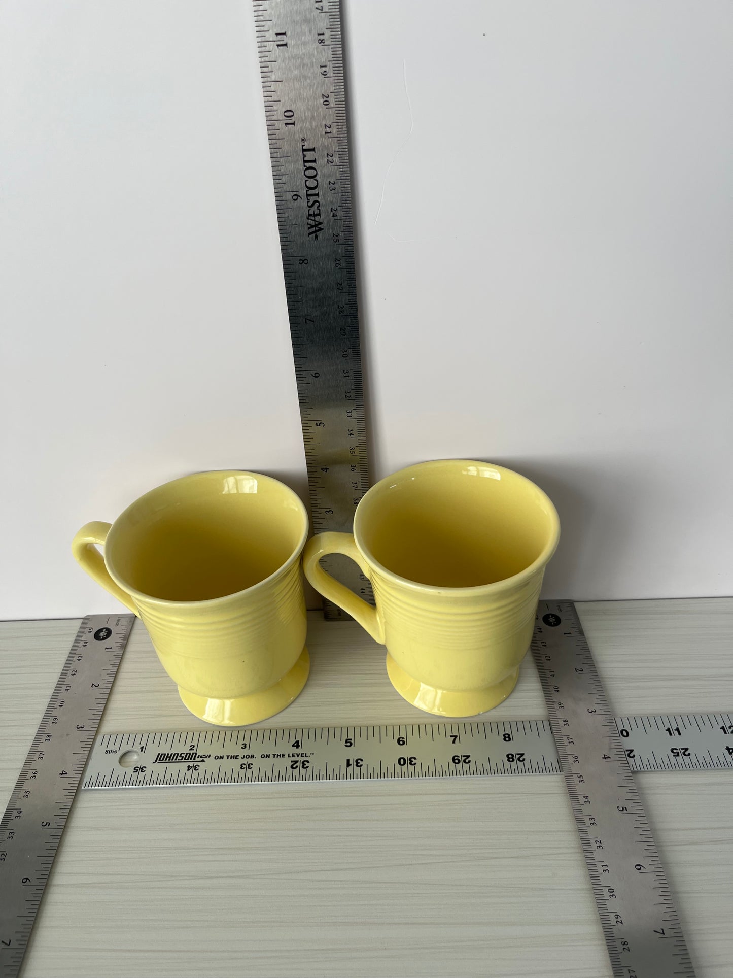 1990s Gibson Everyday Yellow Pedestal Coffee Mugs – Set of 2 Ribbed Footed Stoneware Cups