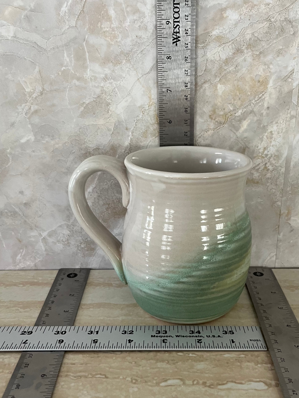Vintage Style Oh Susie Paw Paw Pottery Green & Cream Glazed Stoneware Handled Vase XL Crock Mug– 5”