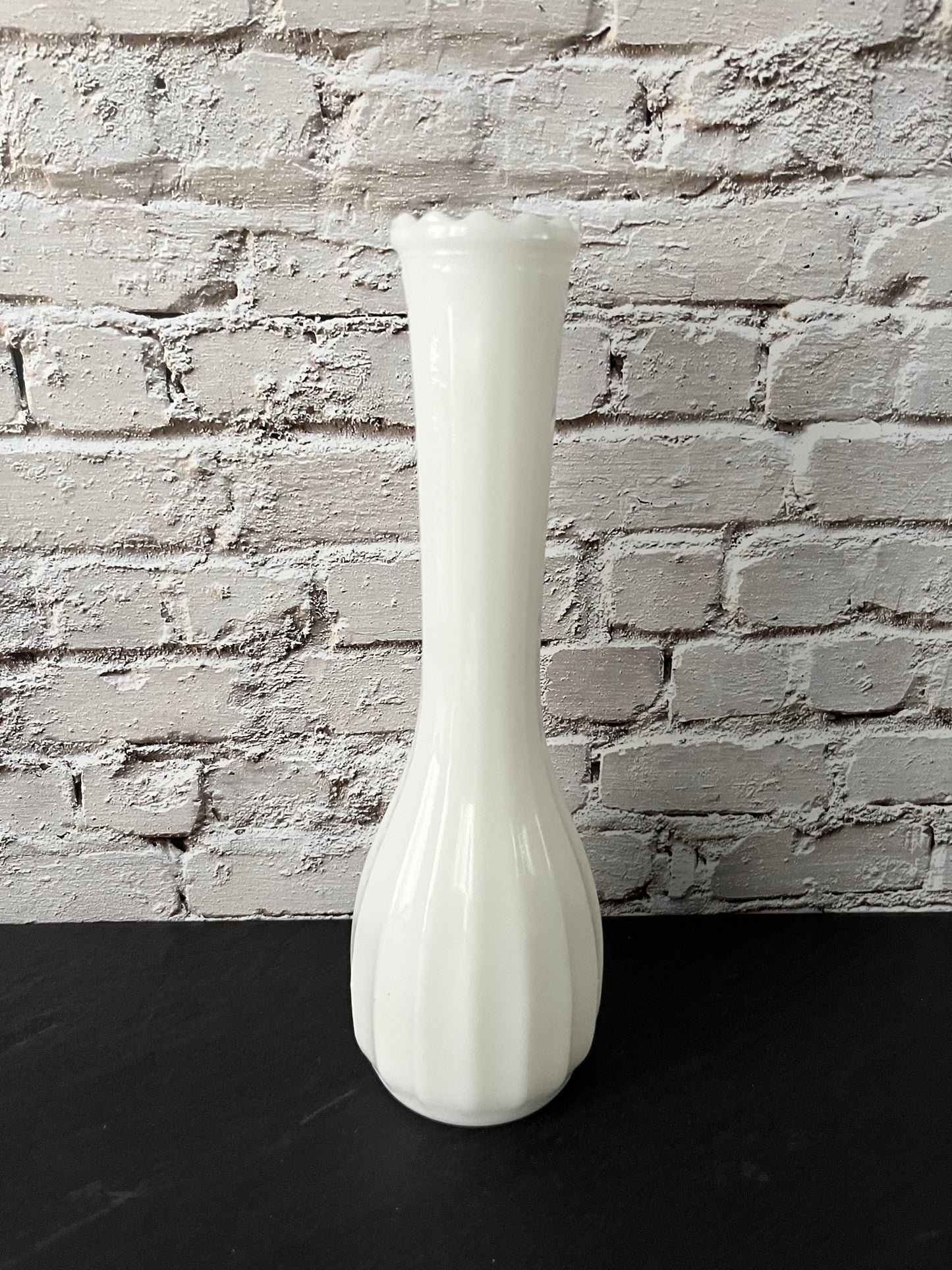 Vintage 1960s–1970s White Milk Glass Bud Vase – Scalloped Rim, Fluted Base, 8½” Tall