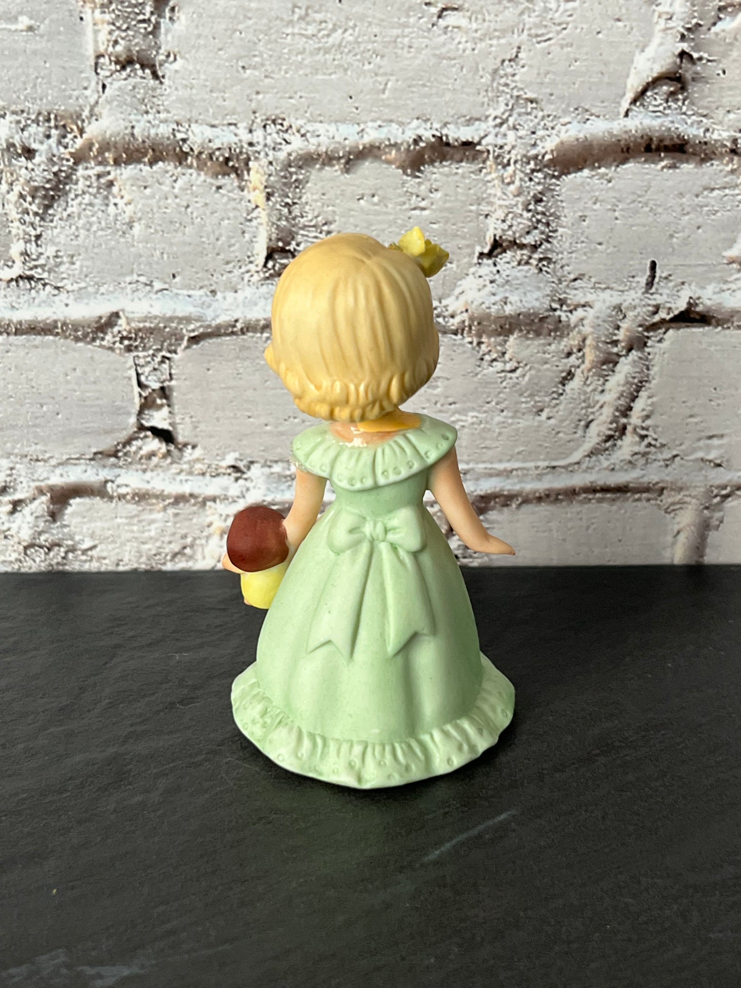 Vintage Enesco Growing Up Birthday Girls Age 3 Figurine – Bisque Porcelain Touched Up/Repaired Blonde Girl with Doll Pastel Green Dress (1980s–1990s)