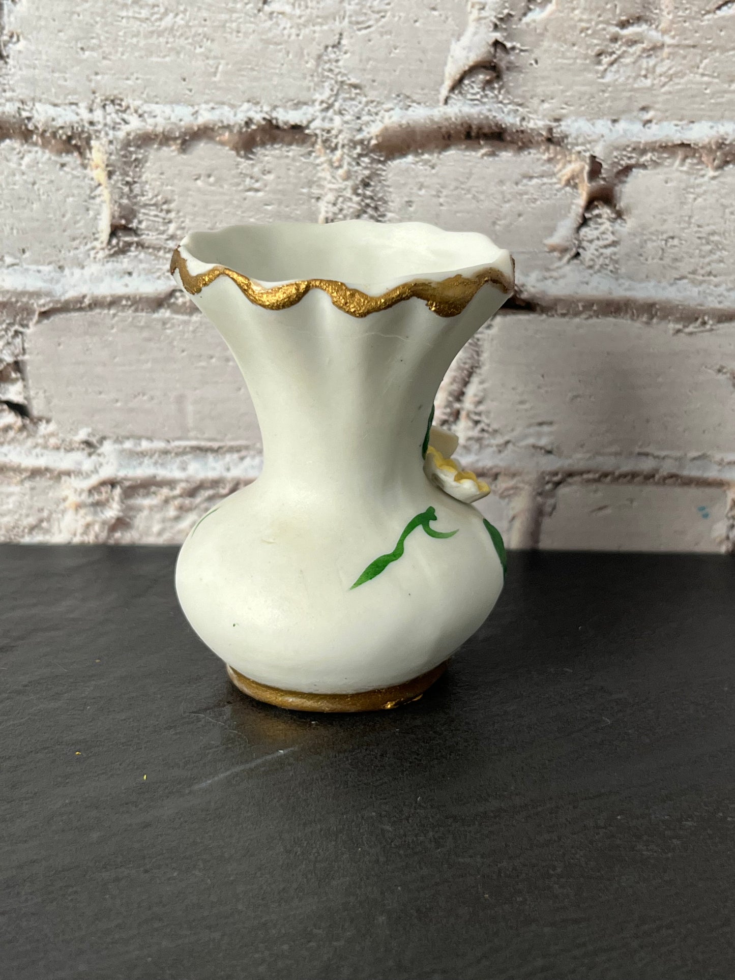 Vintage 1970s Mini Floral Vase White bisque Porcelain Bud Vase with Capodimonte style applied Roses – Made in Taiwan Gold Trim