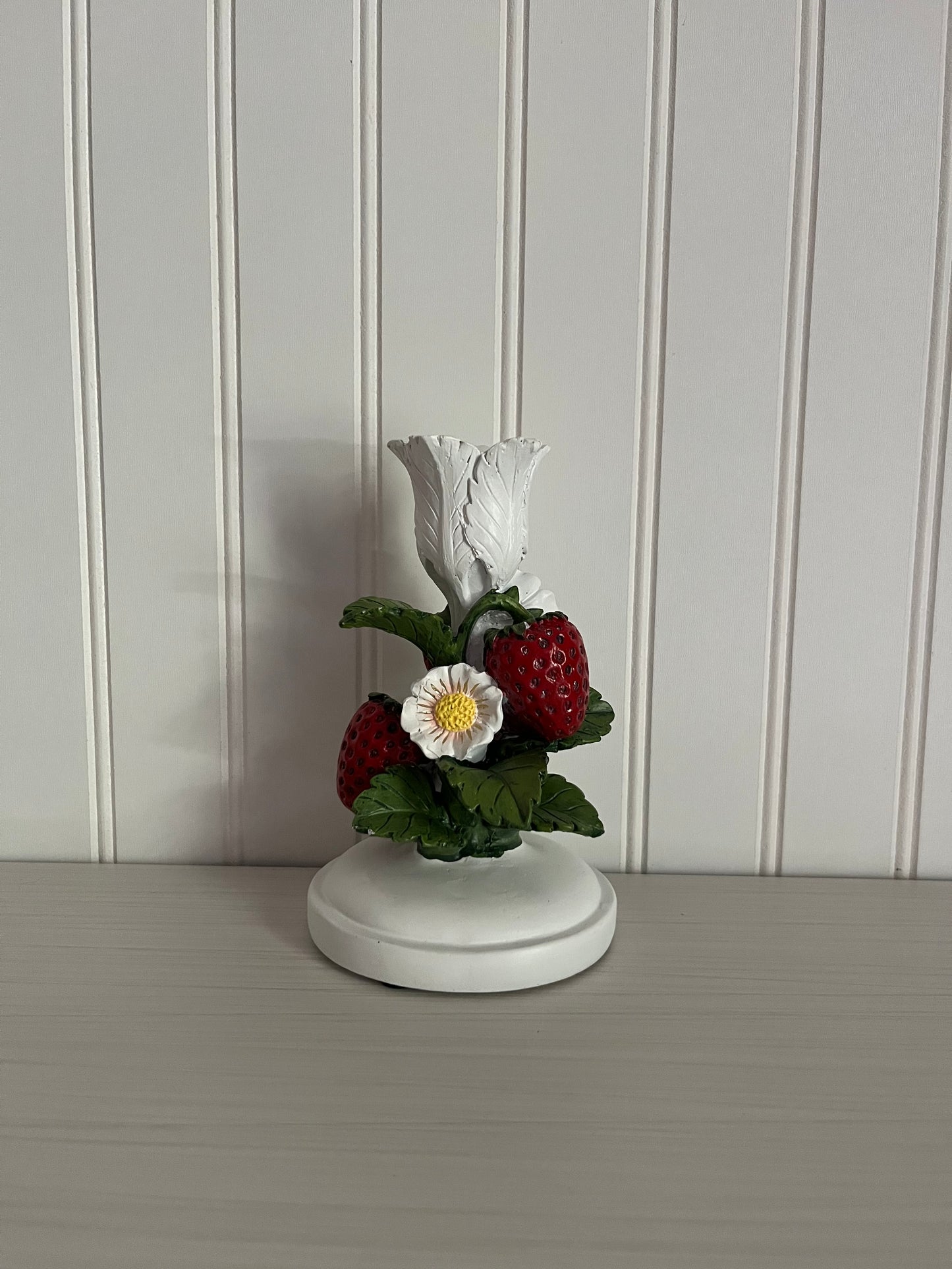Strawberry Candlestick Holder - Vintage Ceramic Decor - Wild Strawberry & Flower Design