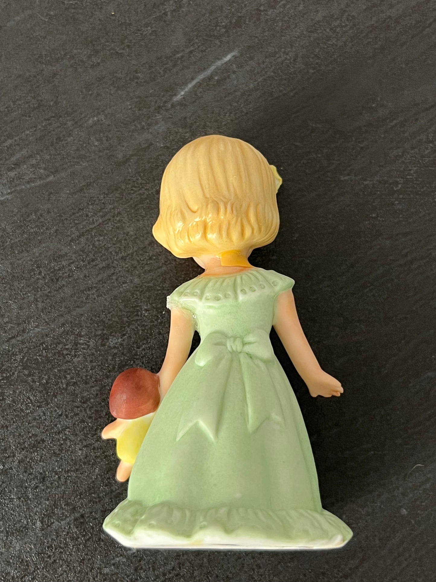 Vintage Enesco Growing Up Birthday Girls Age 3 Figurine – Bisque Porcelain Touched Up/Repaired Blonde Girl with Doll Pastel Green Dress (1980s–1990s)