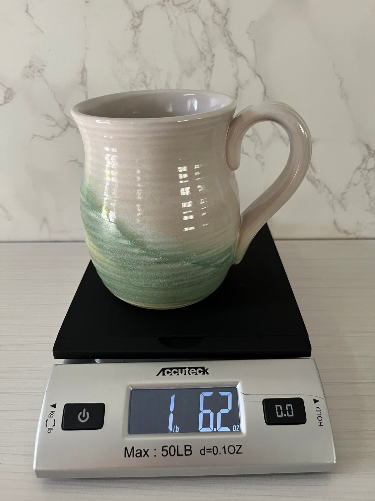 Vintage Style Oh Susie Paw Paw Pottery Green & Cream Glazed Stoneware Handled Vase XL Crock Mug– 5”