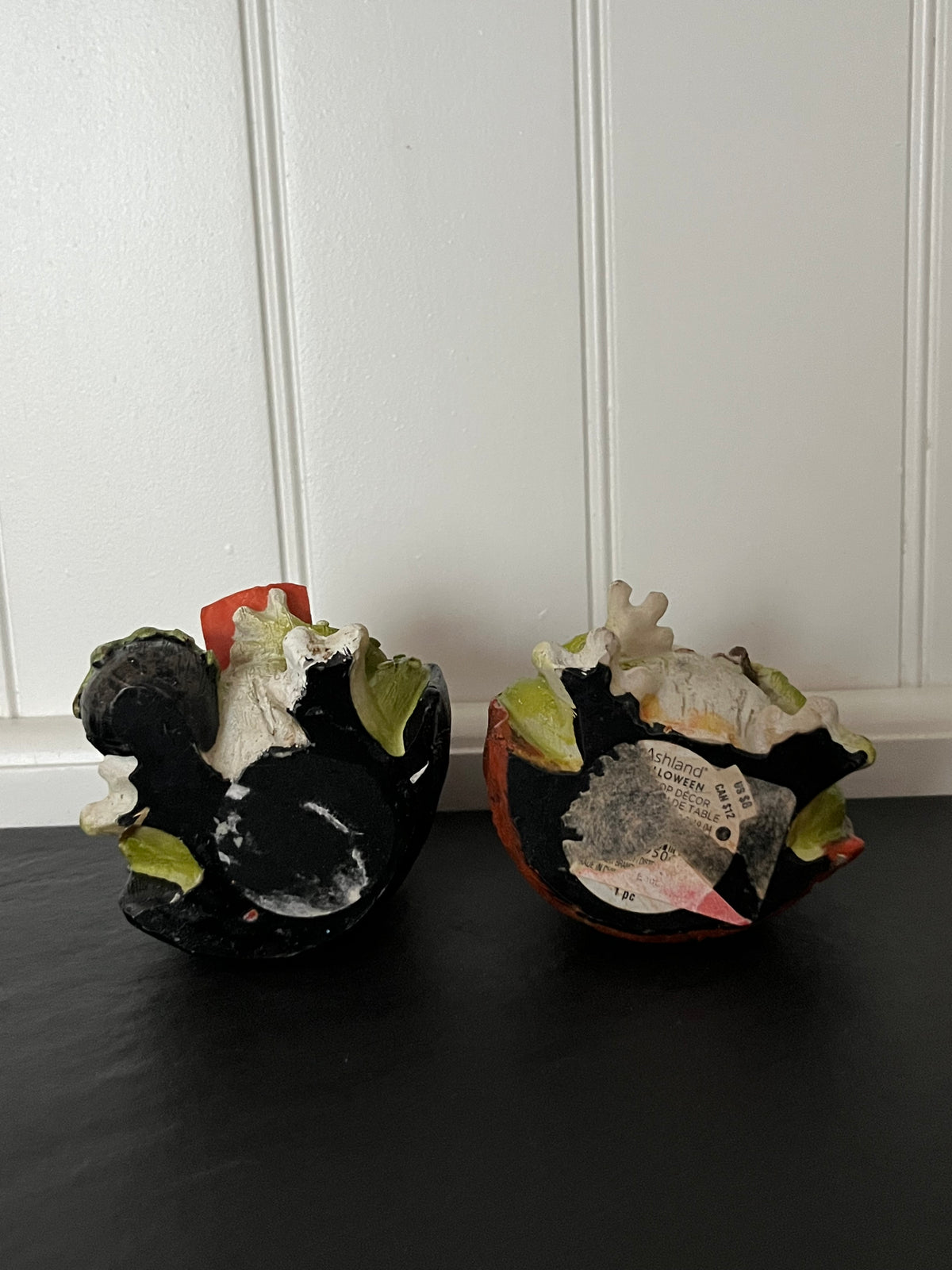 Retro circa 2010 Small Ashland Halloween Frog Witch Figurines Pair | Witch & Wizard Toads with Cauldron & Broom, Curated Shelf & Trinket Display Décor