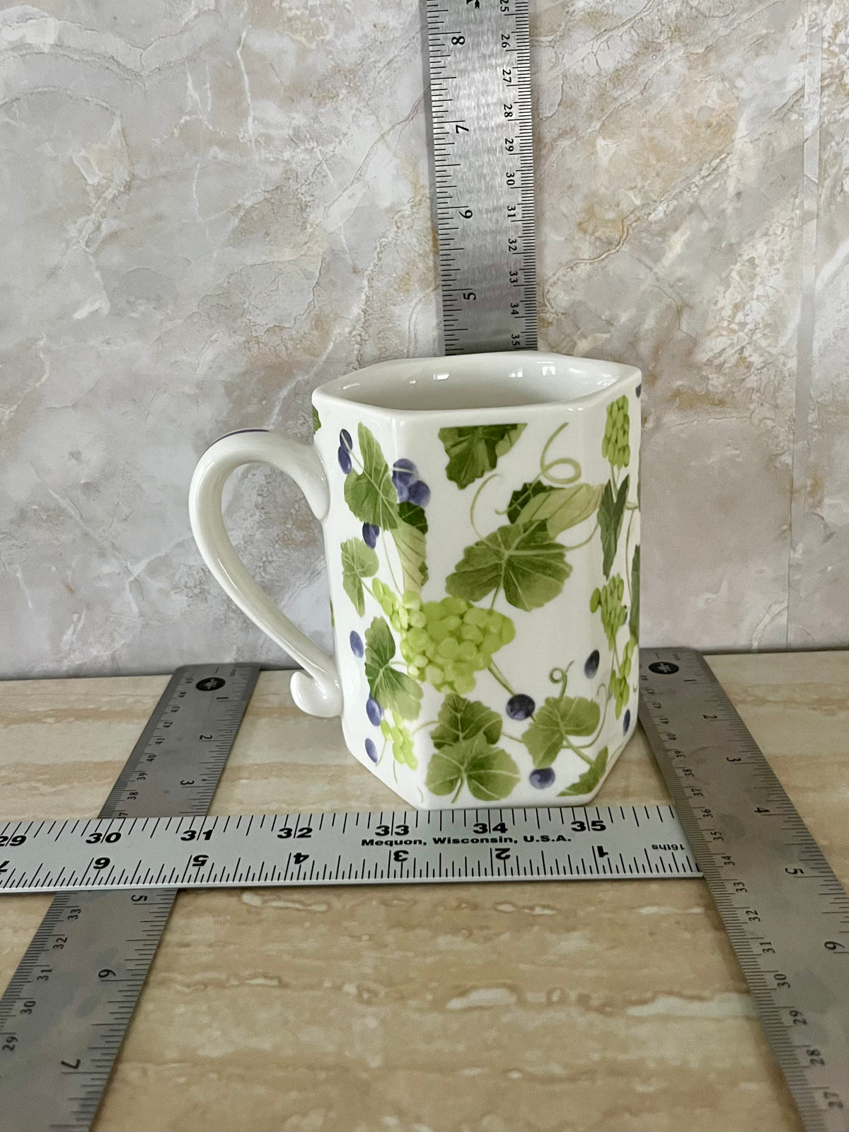 Vintage c.1990’s Lifestyle Home Grape & Ivy Vine Ceramic Mug – Green Botanical Square Coffee Cup – Robert Design