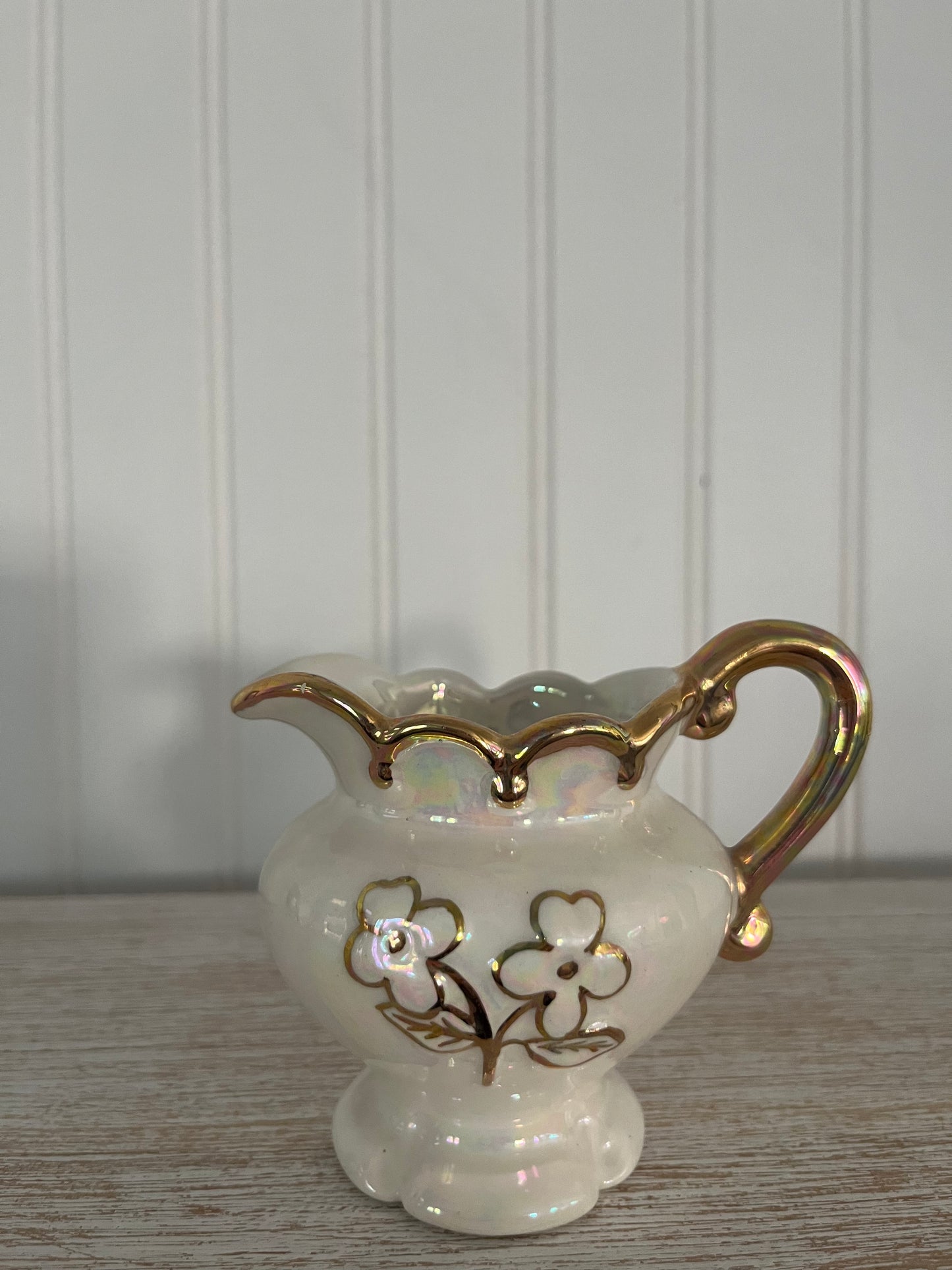 Vintage Art Nouveau Lusterware Creamer - Iridescent Opalescent Porcelain with Gold Flowers & Trim