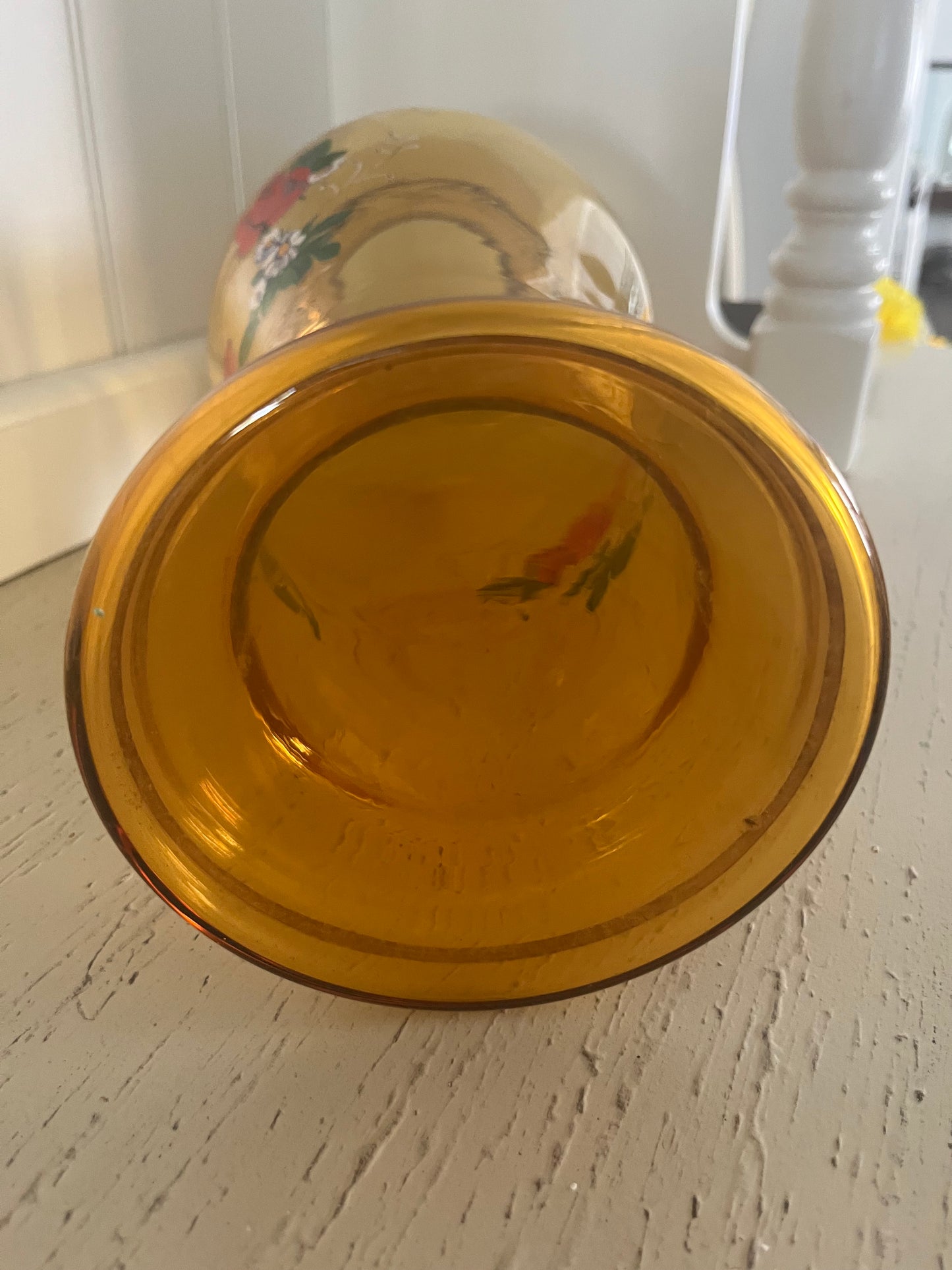 Vintage Amber Hand Blown Glass Tall Floor Vase with Hand-Painted Floral Motif & Gold Rim Accents c. 1960s