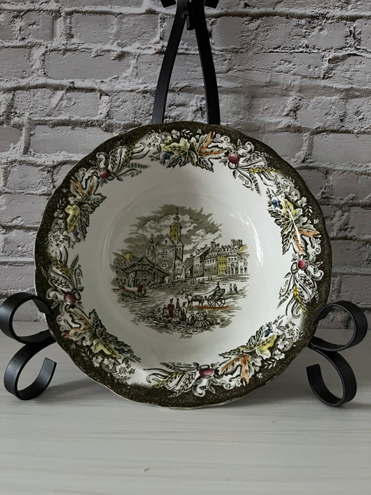 Vintage 1950s Ridgway Staffordshire “The Market Place Quebec” Heritage Ironstone Serving Bowl – Hand-Engraved Bartlett Scene, England