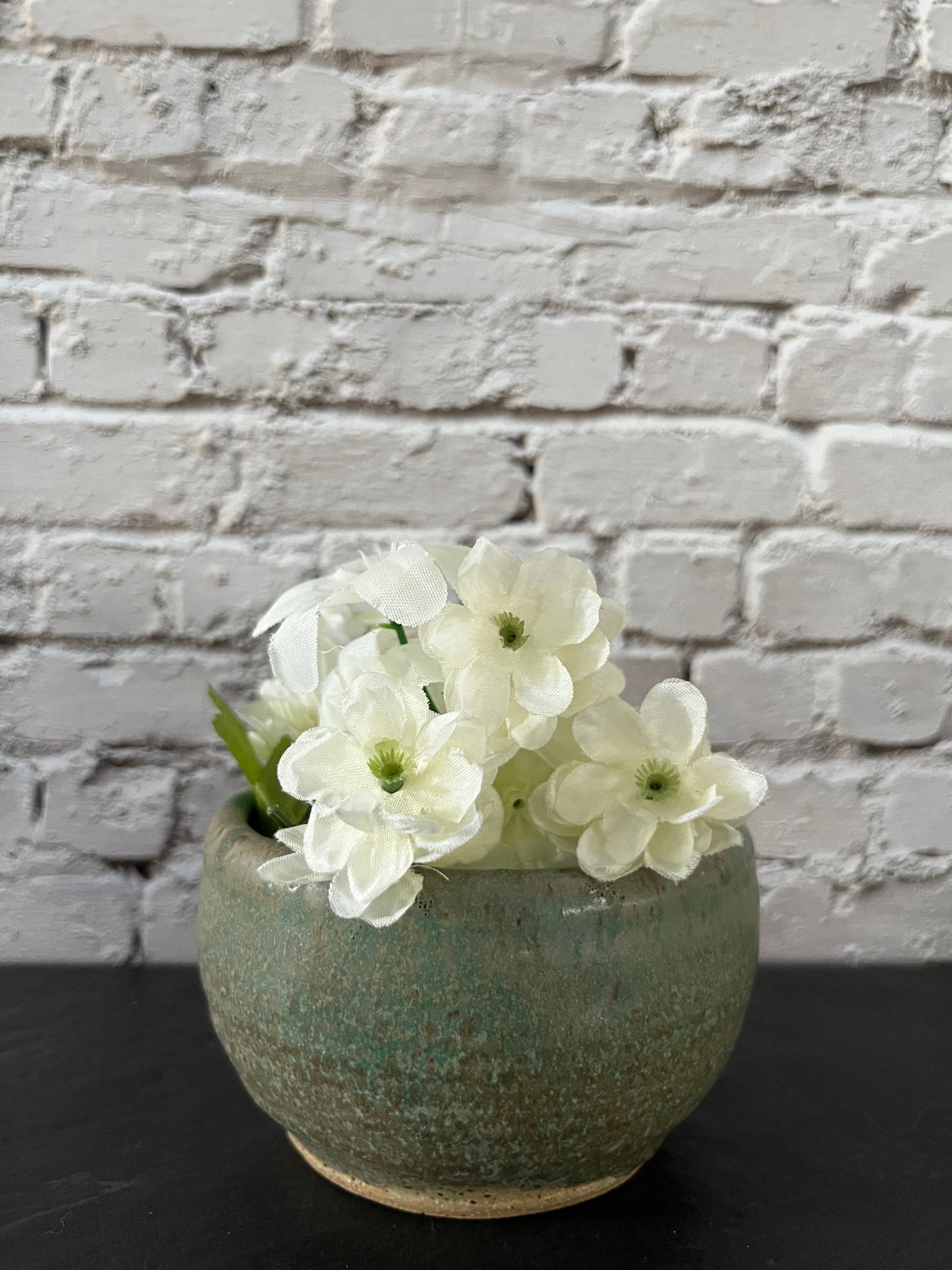 Vintage c1970s Signed Studio Pottery Bowl, Vessel | Green & Speckled Cream Handmade Ceramic