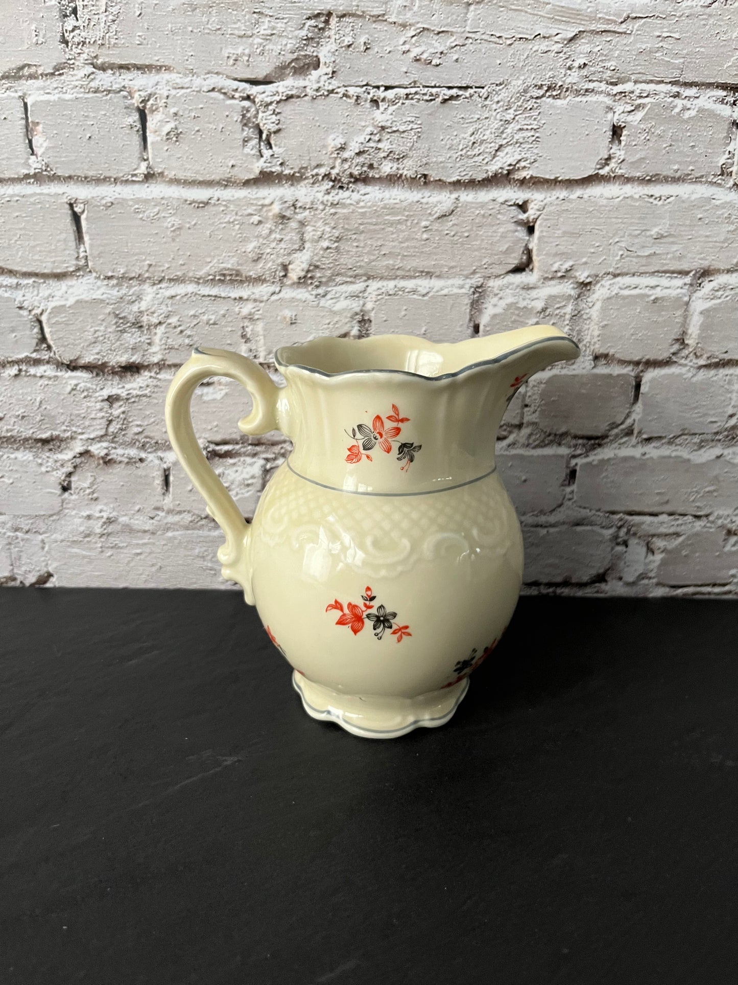 Vintage 1940s–1950s Cream Ceramic Floral Pitcher – Red & Black Wildflower Sprig Pattern – Cottage Farmhouse Style Milk Pitcher