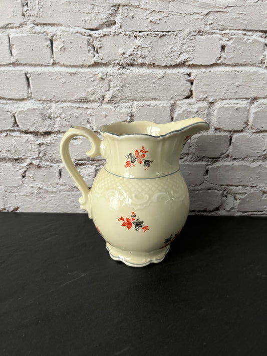 Vintage 1940s–1950s Cream Ceramic Floral Pitcher – Red & Black Wildflower Sprig Pattern – Cottage Farmhouse Style Milk Pitcher