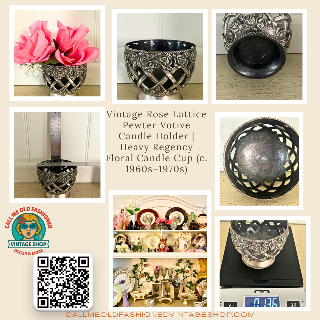 Vintage Rose Lattice Pewter Votive Candle Holder | Heavy Regency Floral Candle Cup (c. 1960s–1970s)