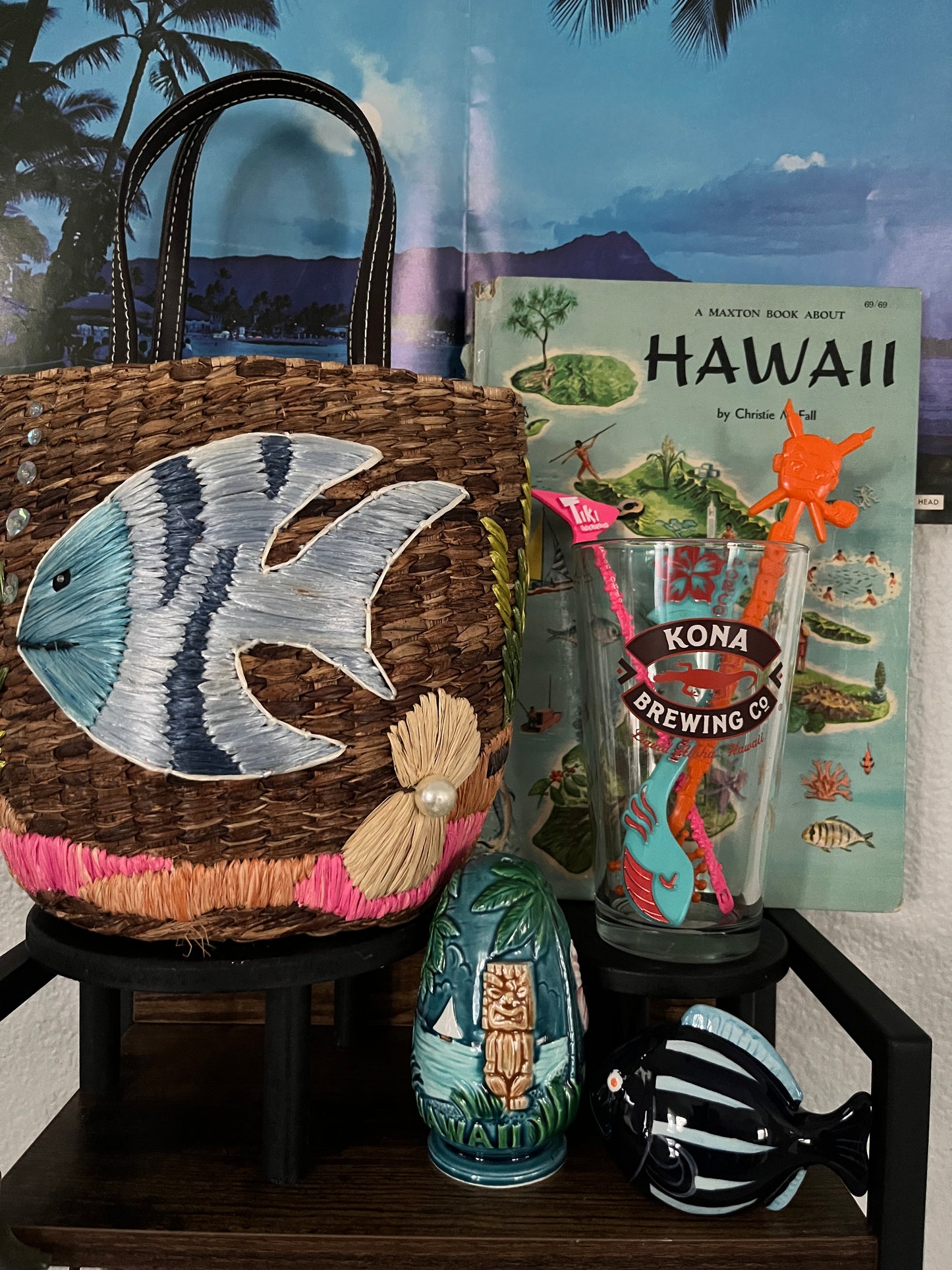 Vintage Woven Straw Purse Tote - Tropical Fish Design by Preston & York - Aloha Tiki Islands Fusion Theme