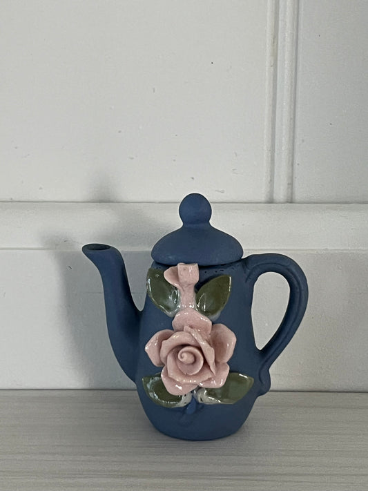 Vintage 1980’s Miniature Blue Teapot Figurine with Pink Rose | Cottagecore Floral Ceramic Accent | Tiny Decorative Teapot